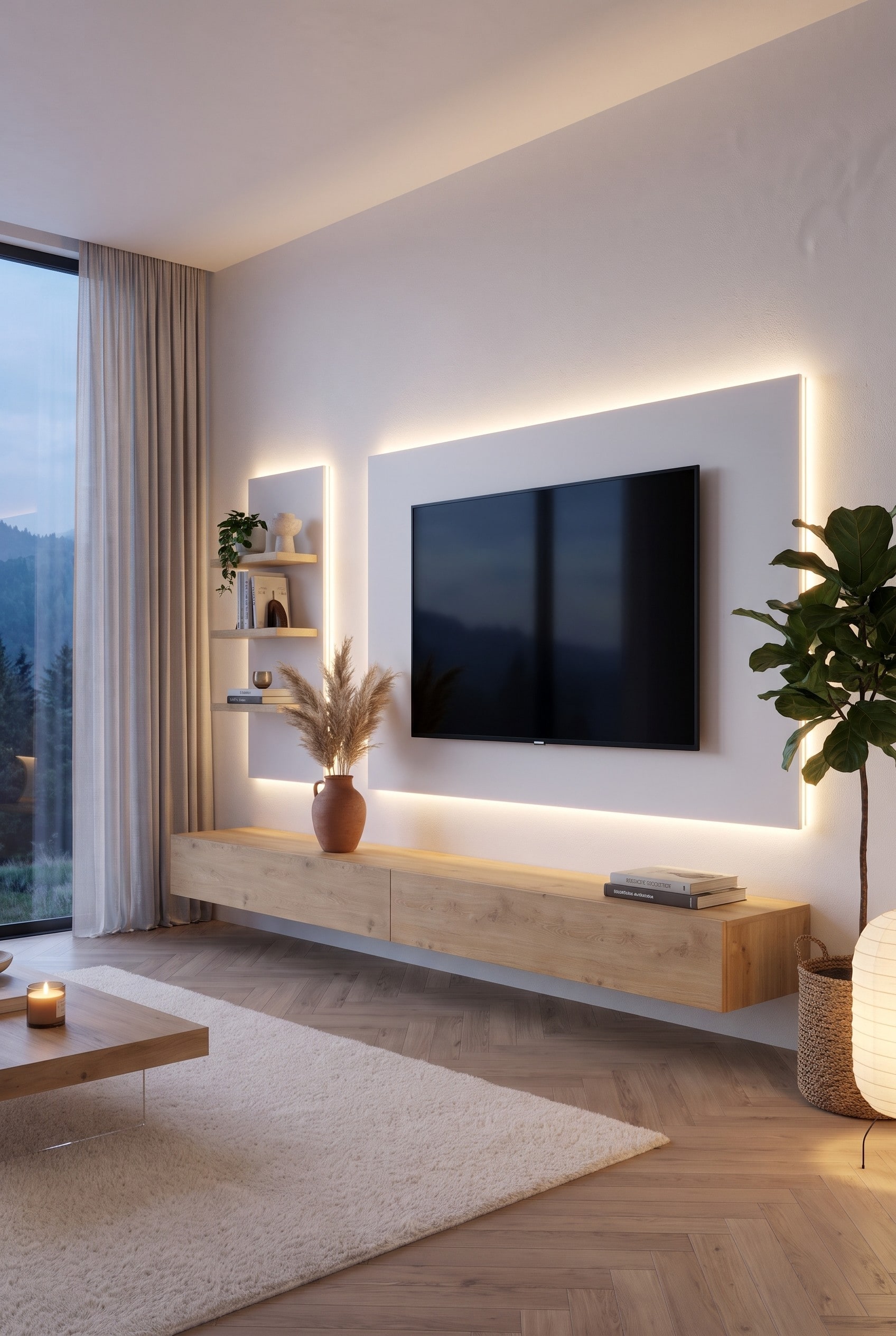 Detailansicht der Livitalia Wohnwand C110: Fokus auf das schwebende Asteiche-Lowboard und das Wandpaneel mit offenen Ablagen neben dem weißen TV-Paneel.