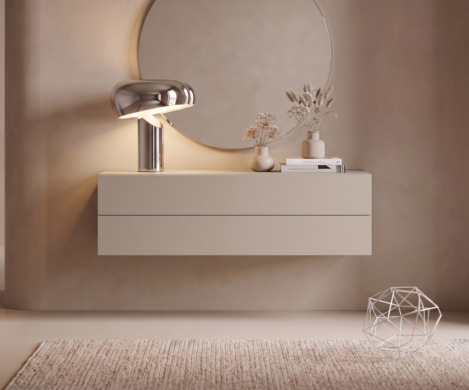 Novamobili Easy zwevend dressoir zandbeige Zwevend dressoir Novamobili Easy in de hal, moderne hangende ladekast in zandbeige kleur met minimalistisch design.
