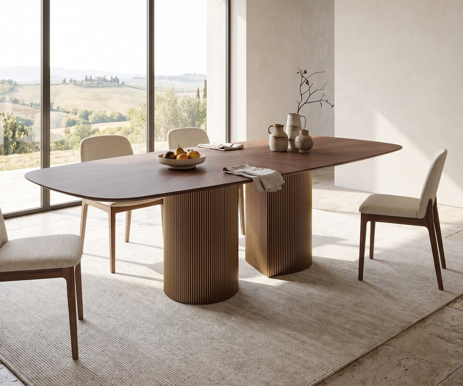 Ovale al2 dakry b 001 eettafel met metalen onderstel al2 dakry b 001 eettafel, ovale houten tafel met geribbelde metalen poten in een moderne, lichte eetkamer.