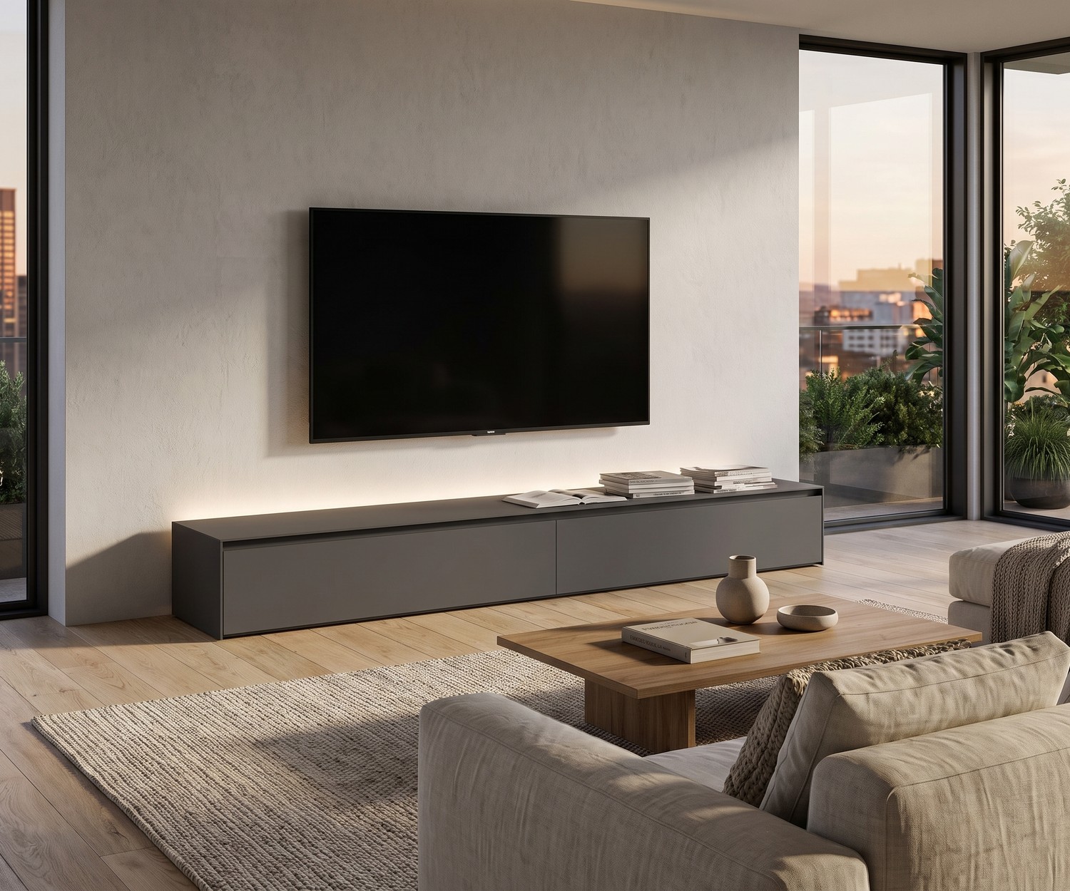 Novamobili Reverse TV-lowboard in antraciet in een moderne woonkamer met tv, salontafel en sfeervolle verlichting.