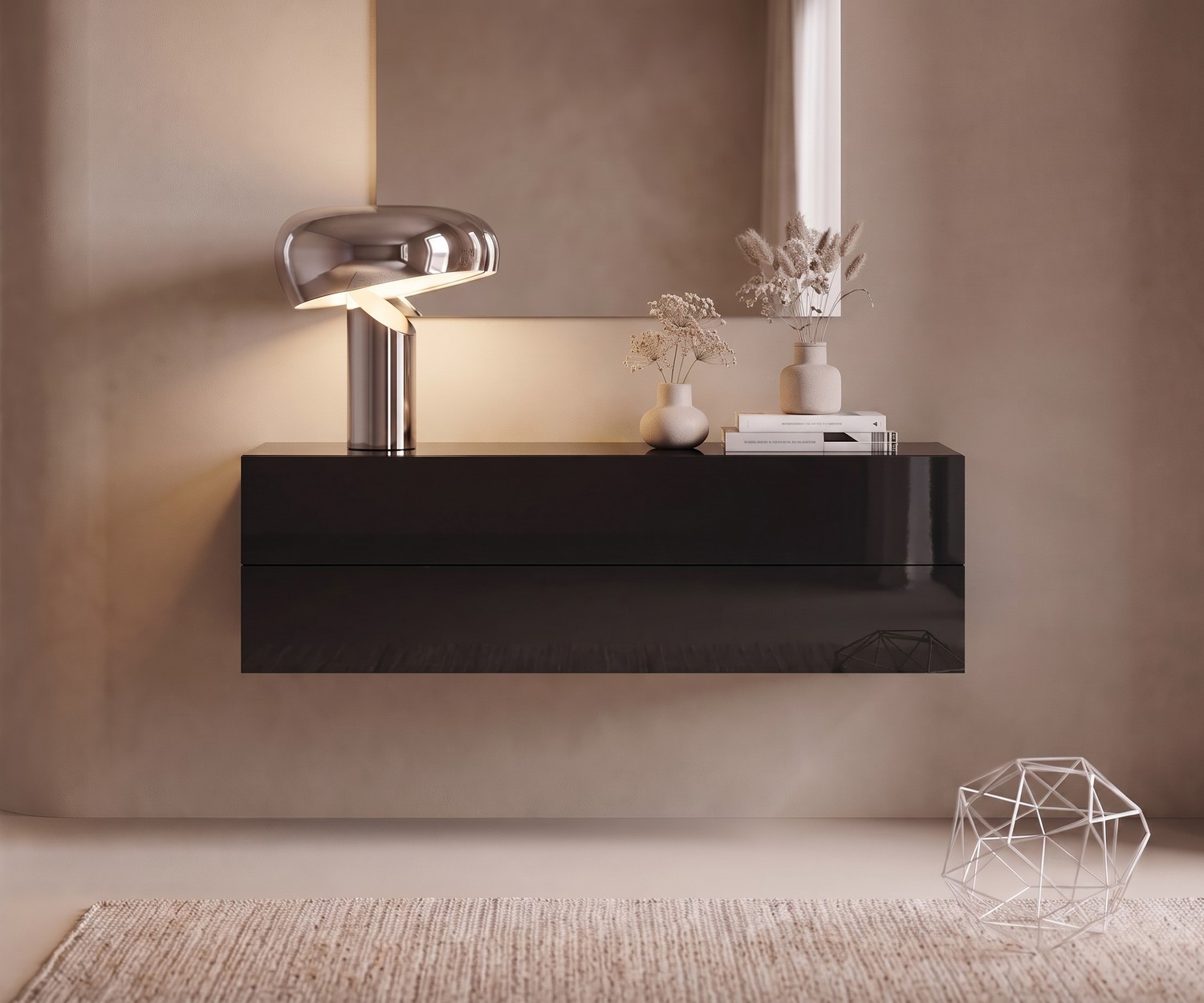 Novamobili Easy Hangend Dressoir in Hoogglans Zwart Novamobili Easy hangend dressoir in hoogglans zwart, zwevende gangkast met laden in minimalistische stijl.