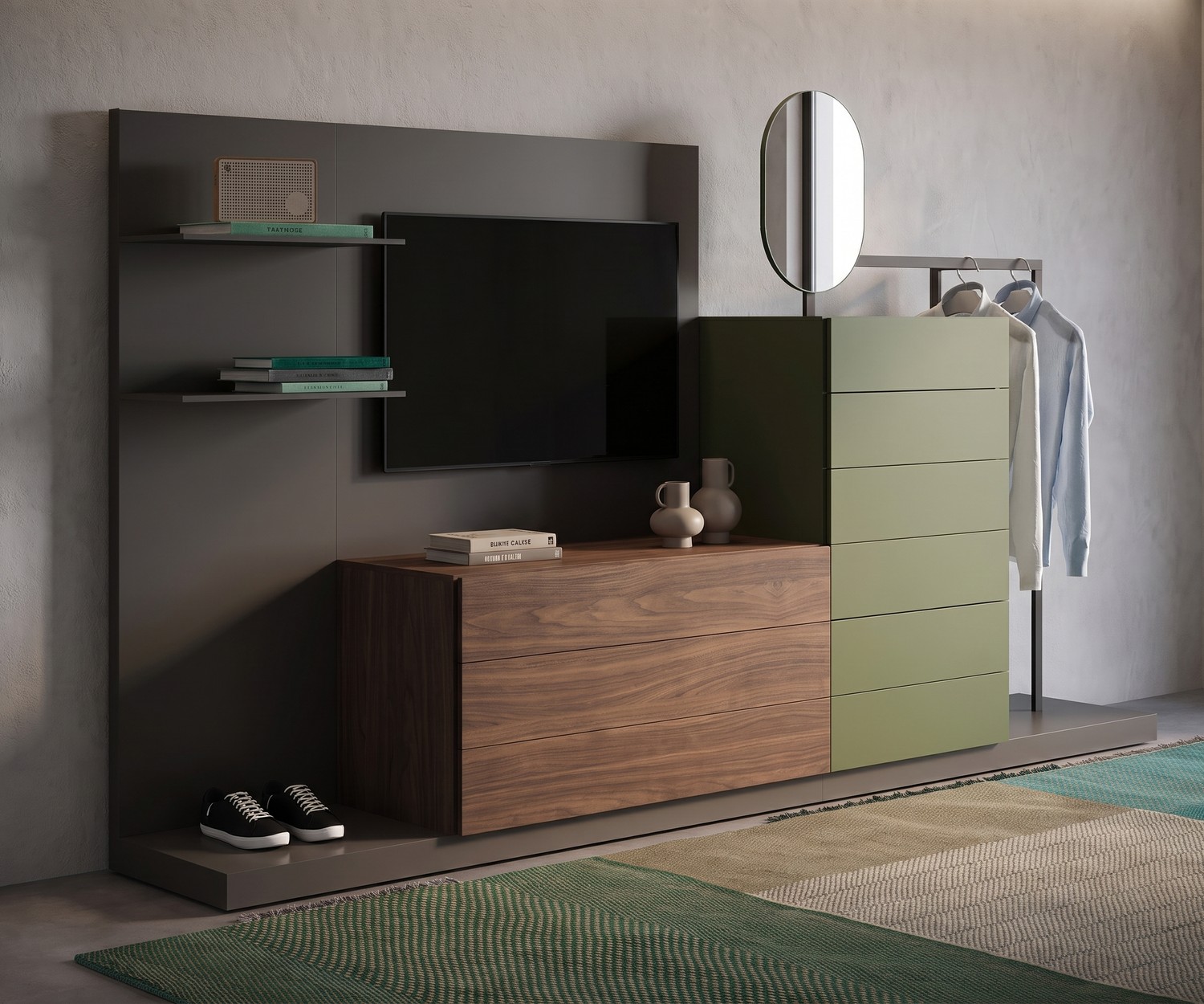 Novamobili Easy 9 dressoir met garderobe en tv-paneel in de hal. Modulaire opberger van hout en olijfgroen in modern design.