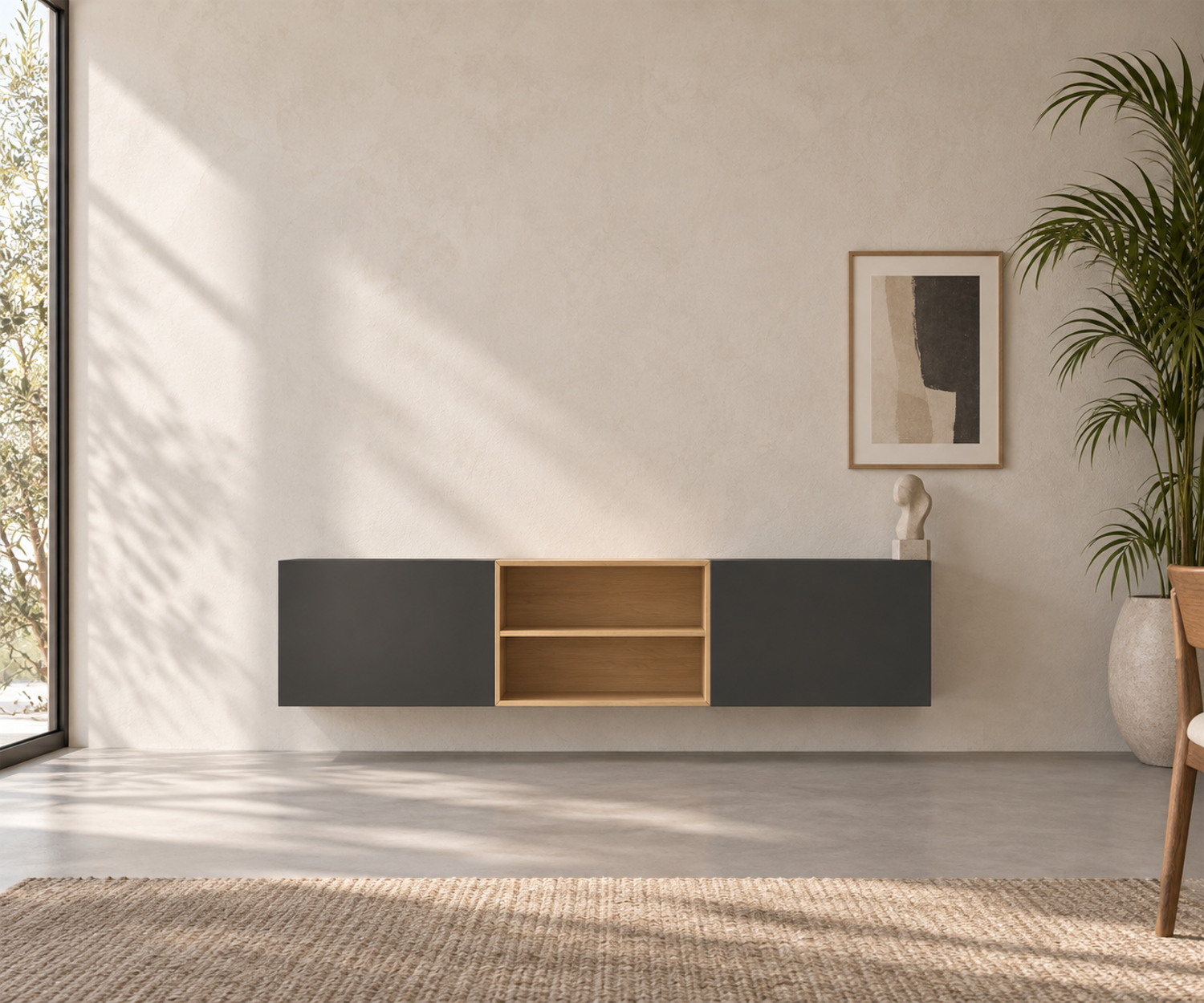 Livitalia Box 18 Wanddressoir 180 cm – Mat donkergrijs + Licht eiken