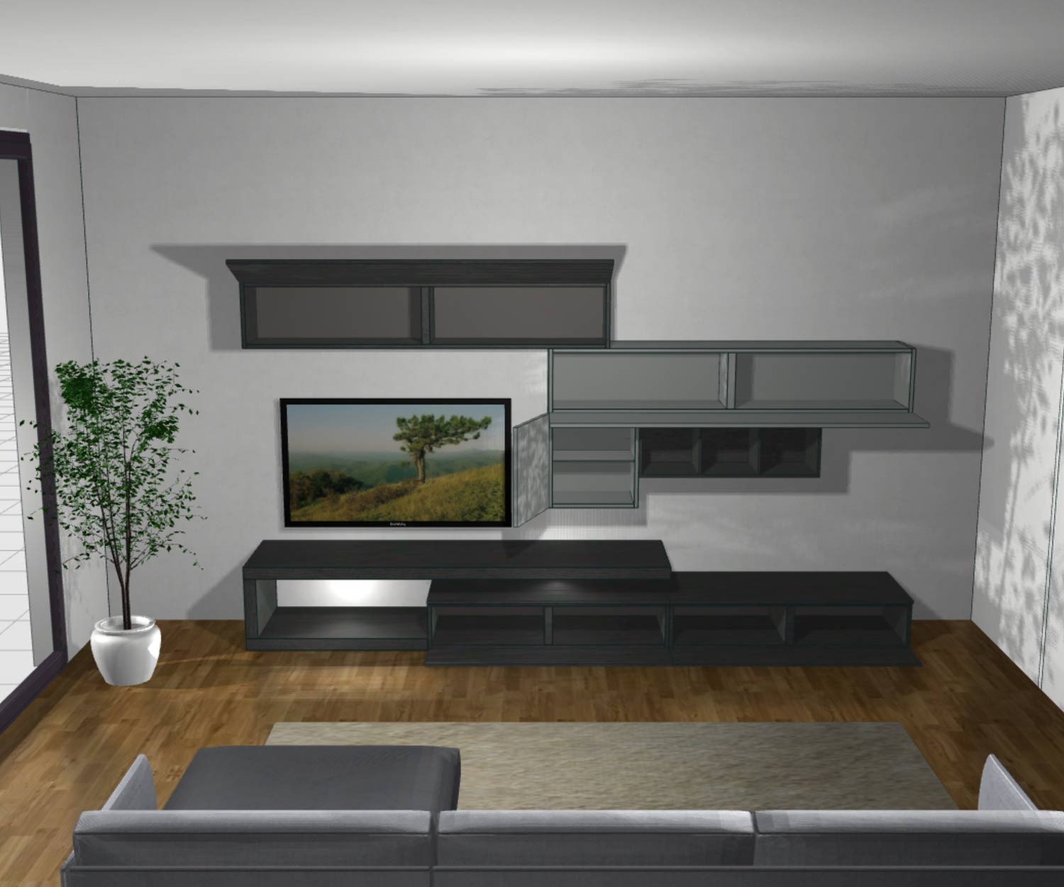 Modern design wandmeubel C99 met Carbone eik en zwevend TV-blad