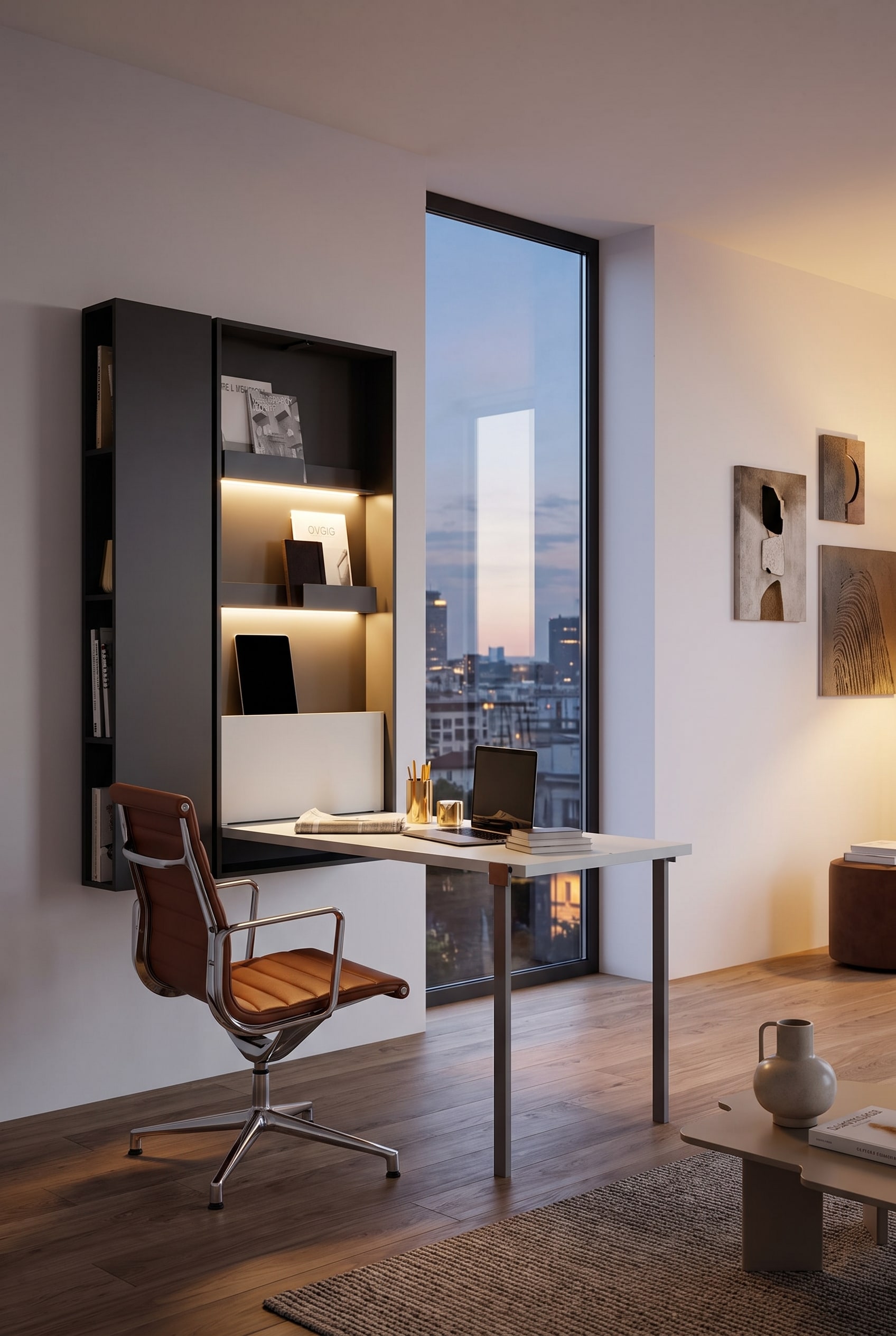 Modernes Home Office mit Wandklapptisch im Wohnbereich Modernes Home Office mit Wandklapptisch im Wohnbereich