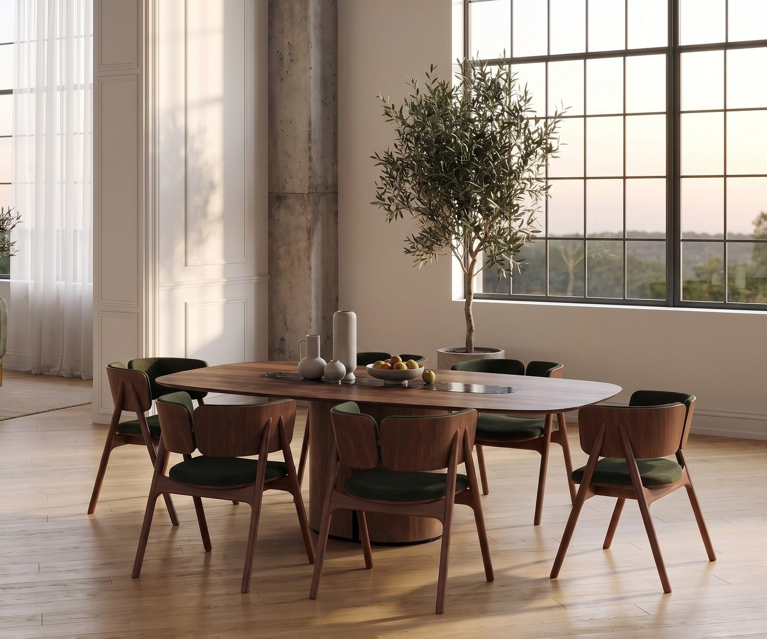 al2 el-it c 001 houten eettafel in een moderne eetkamer met groene kuipstoelen en een groot raam.
