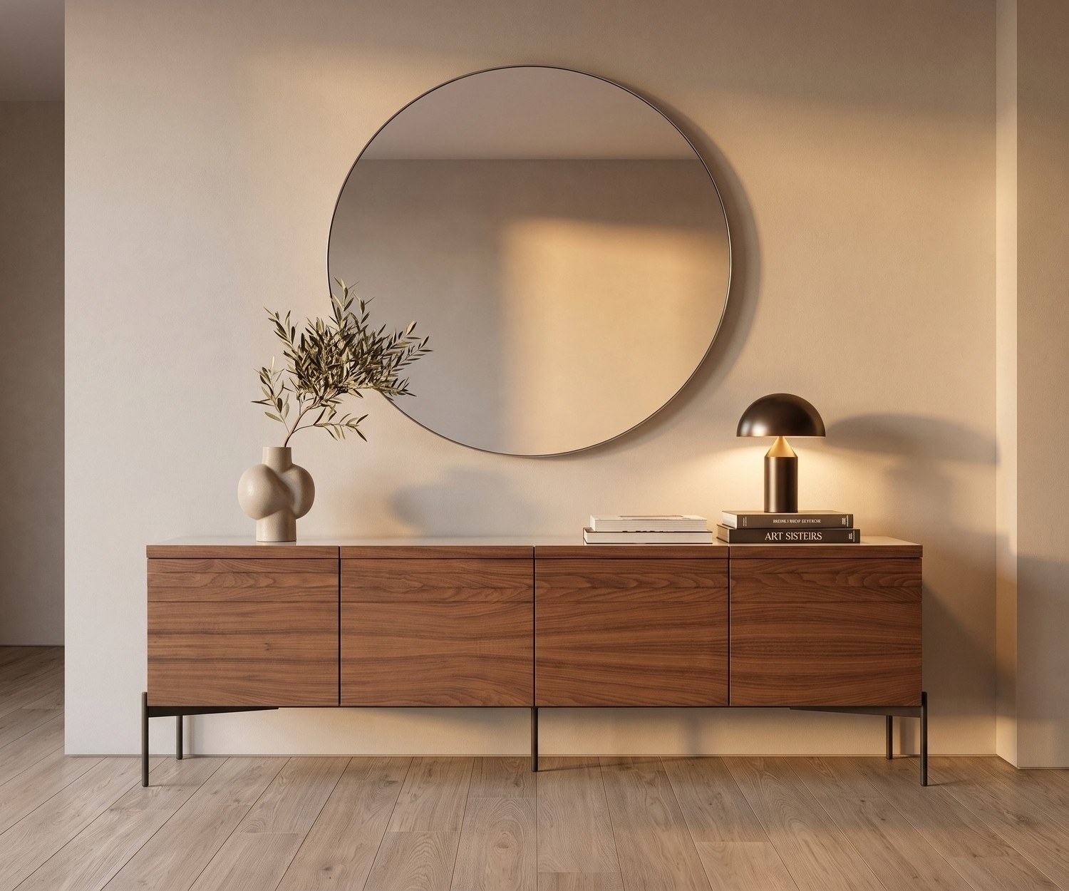 al2 o-rizon 003 houten design dressoir al2 o-rizon 003 design dressoir van hout voor de woonkamer met veel opbergruimte, modern interieur met ronde wandspiegel.