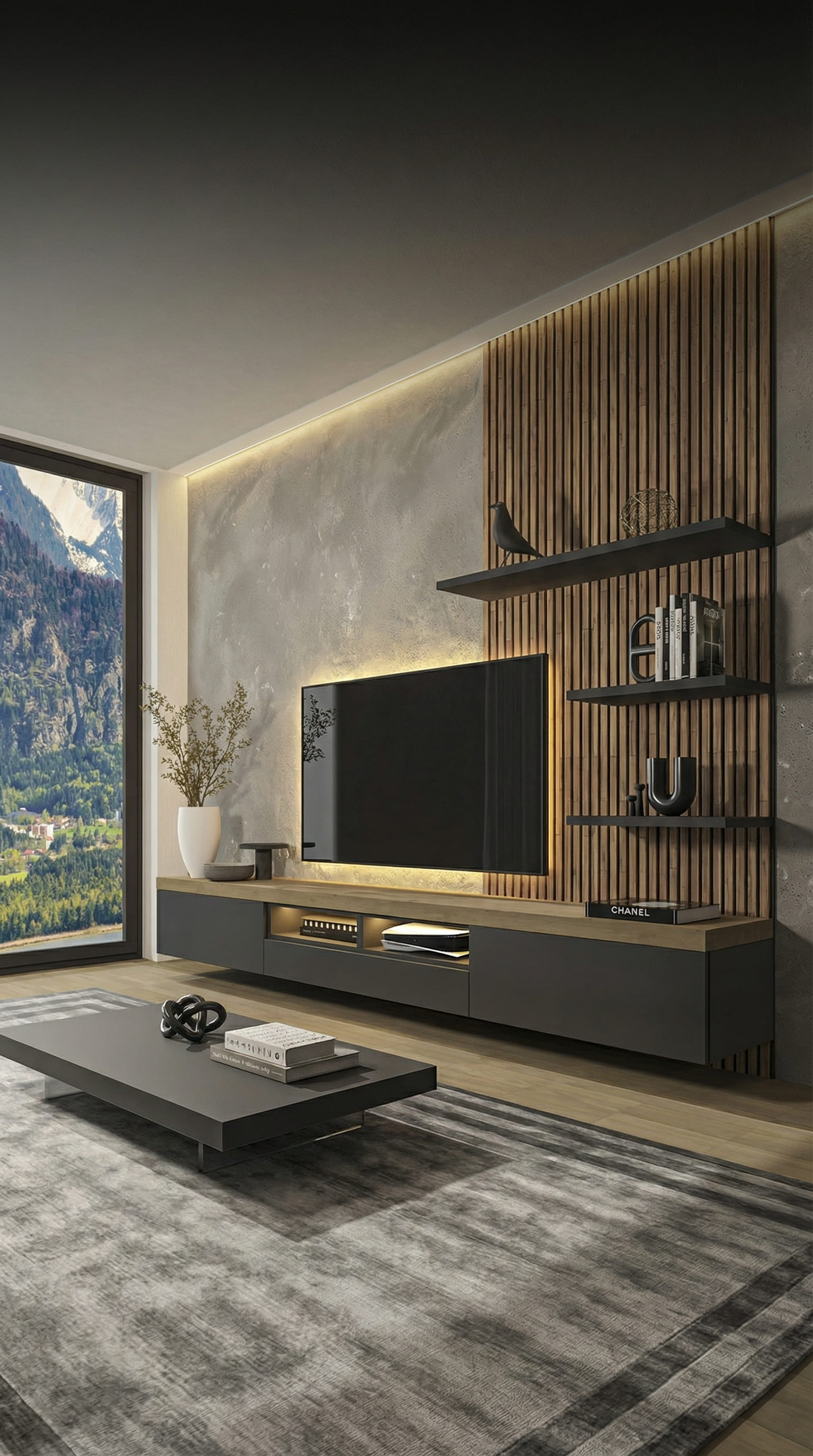Moderne tv-wandmeubel met open vak voor spelconsole en indirecte verlichting