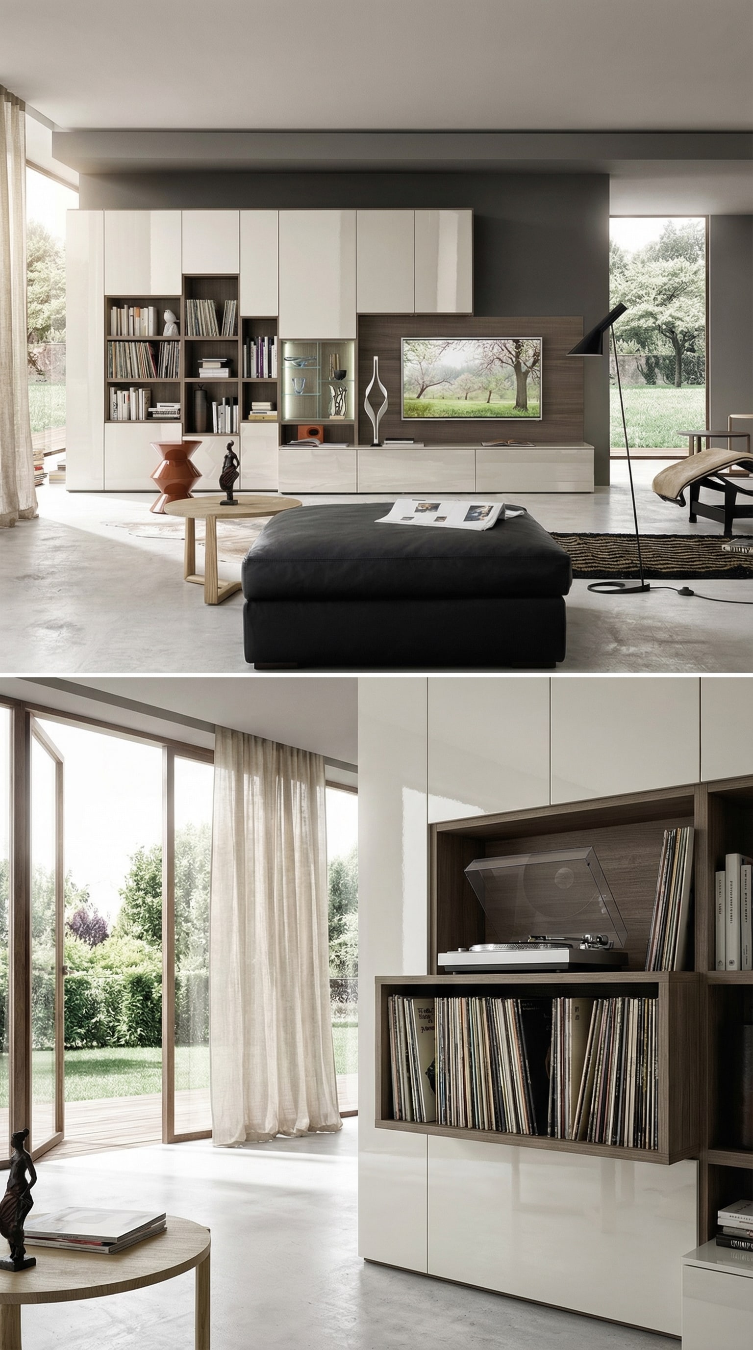 Moderne woonwand met ge&iuml;ntegreerde platenspeler en platenopslag