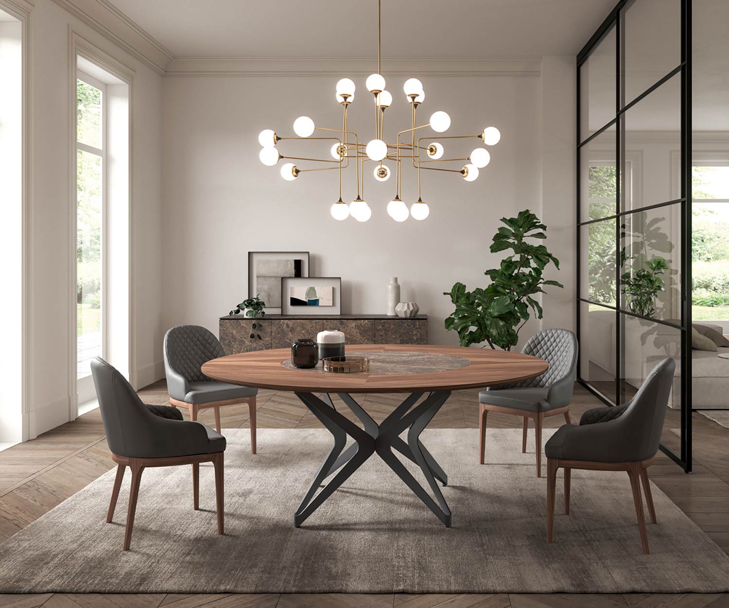 Moderne ronde Ozzio Design eettafel DNA met draaibaar tafelblad Moderne ronde Ozzio Design eettafel DNA met draaibaar tafelblad