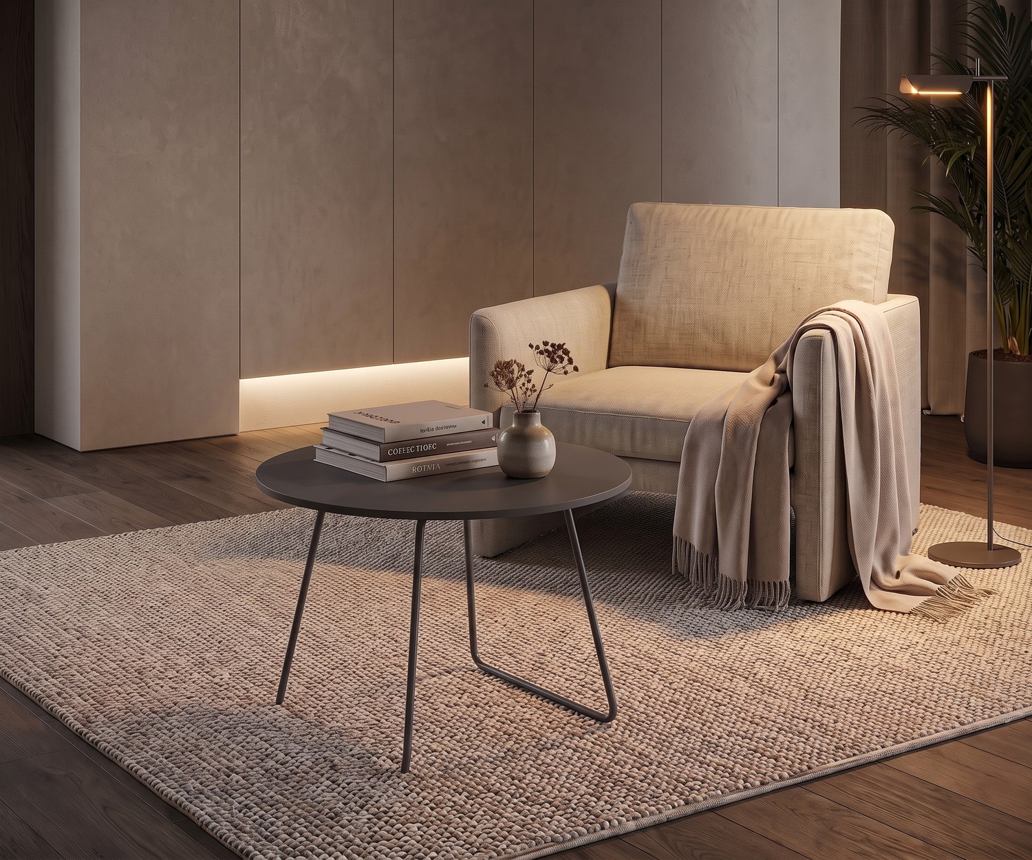 Novamobili Orbis salontafel als bijzettafel in de woonkamer naast fauteuil, ronde donkere tafel in modern design