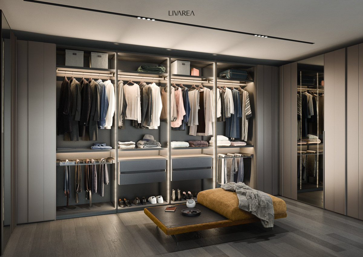 Luxe inbouwkasten in grijze lak met dubbele laden en spiegeldeuren Luxe inbouwkasten in grijze lak met dubbele laden en spiegeldeuren