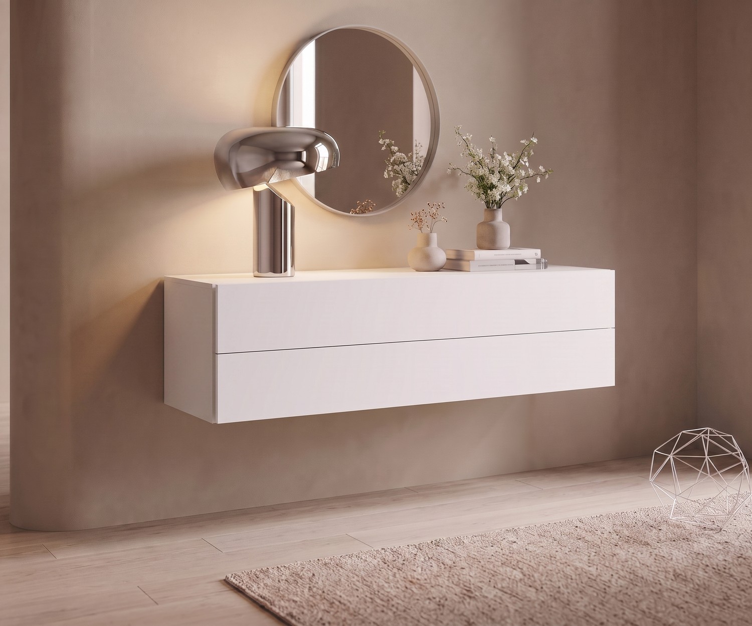 Hangende commode Easy van Novamobili, modern wit zwevend dressoir voor een minimalistische hal of woonkamer.