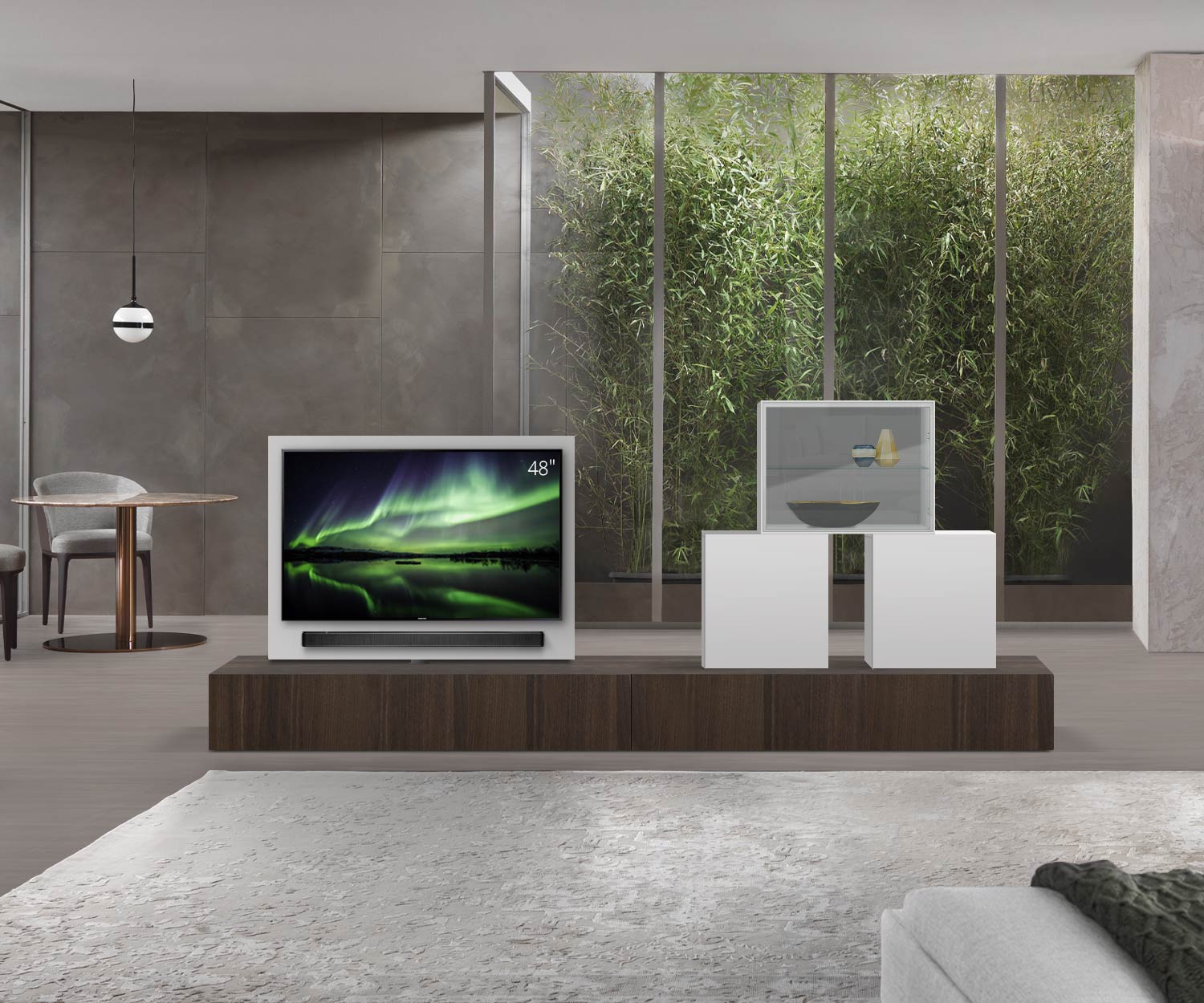 Livitalia Roto design lowboard ruimteverdeler met draaibaar TV-paneel B150 50 H33 D56 EiBr B150re mBox