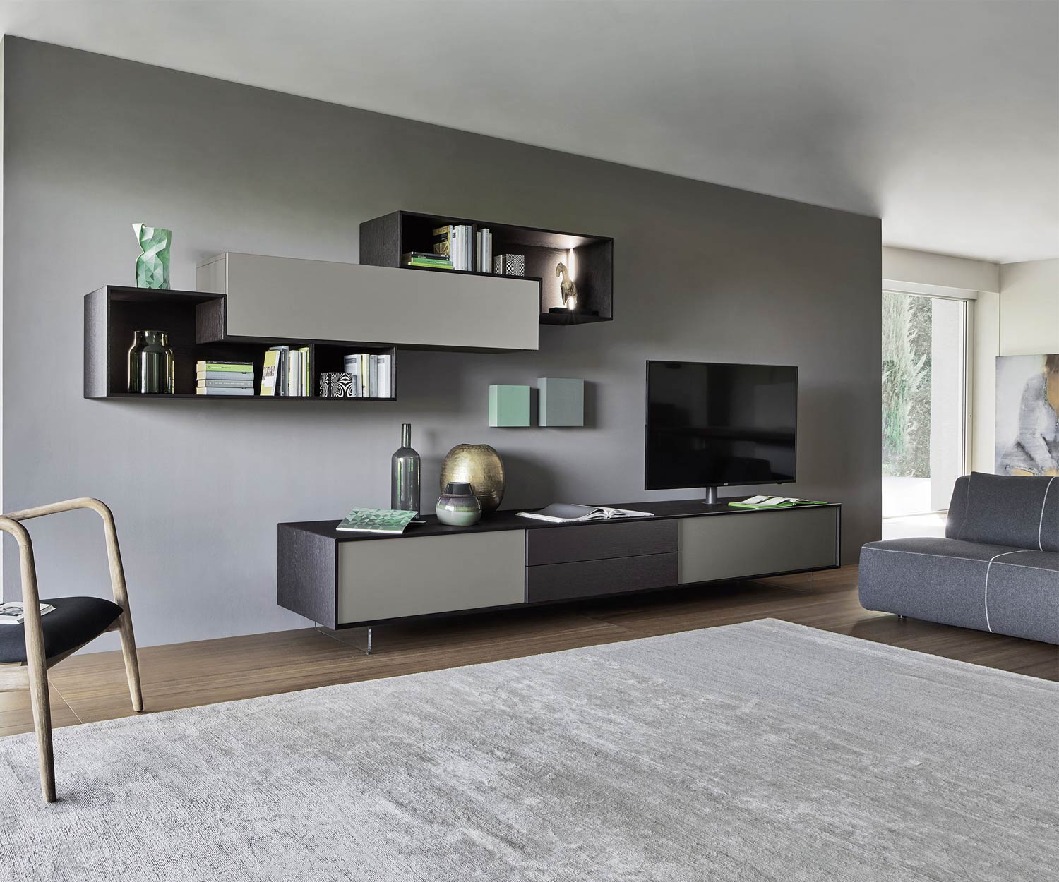 Exclusief Livitalia Design wandmeubel C18 in grijs met TV-design lowboard met houteffect