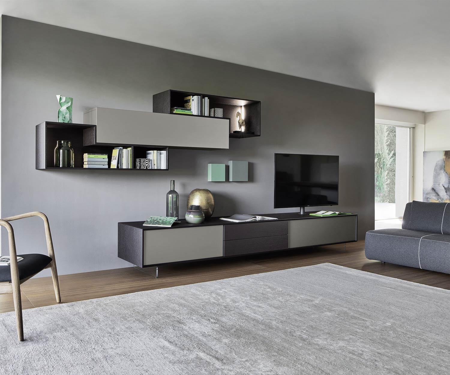 Exclusief Livitalia Design wandmeubel C18 in grijs met TV-design lowboard met houteffect Exclusief Livitalia Design wandmeubel C18 in grijs met TV-design lowboard met houteffect