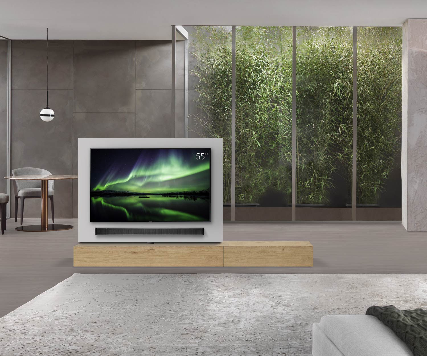 Livitalia Roto design lowboard ruimteverdeler met draaibaar TV-paneel B150 65 H25 D47 EiHe B90re oBox Livitalia Roto design lowboard ruimteverdeler met draaibaar TV-paneel B150 65 H25 D47 EiHe B90re oBox