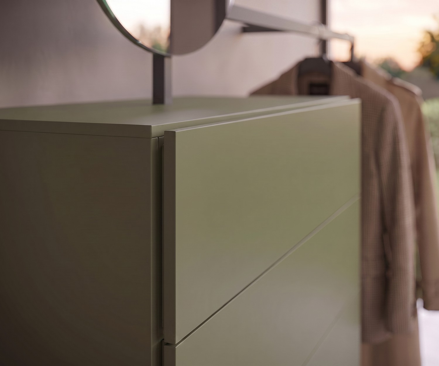 Olijfgroene Novamobili Easy 9 ladekast met garderobe Novamobili ladekast Easy 9 voor hal en slaapkamer, moderne olijfgroene garderobekast met laden voor kleding.