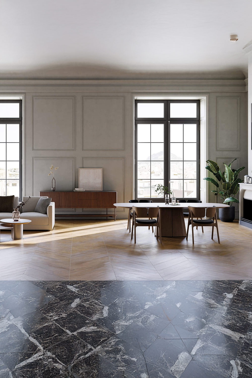 opvallende-eettafel-met-centrale-sokkel-in-een-ruime-woon-en-eetkamer