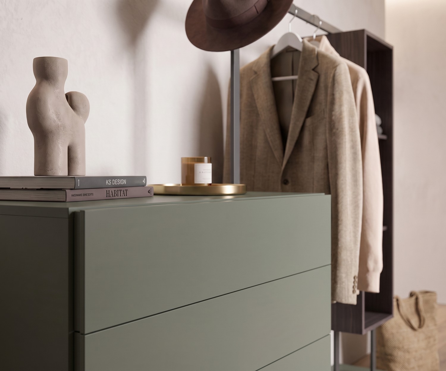Novamobili Easy 4 commode met garderoberek Hal commode met garderobe Easy 4, saliegroen design kledingrek met lades en legplanken in een minimalistische stijl