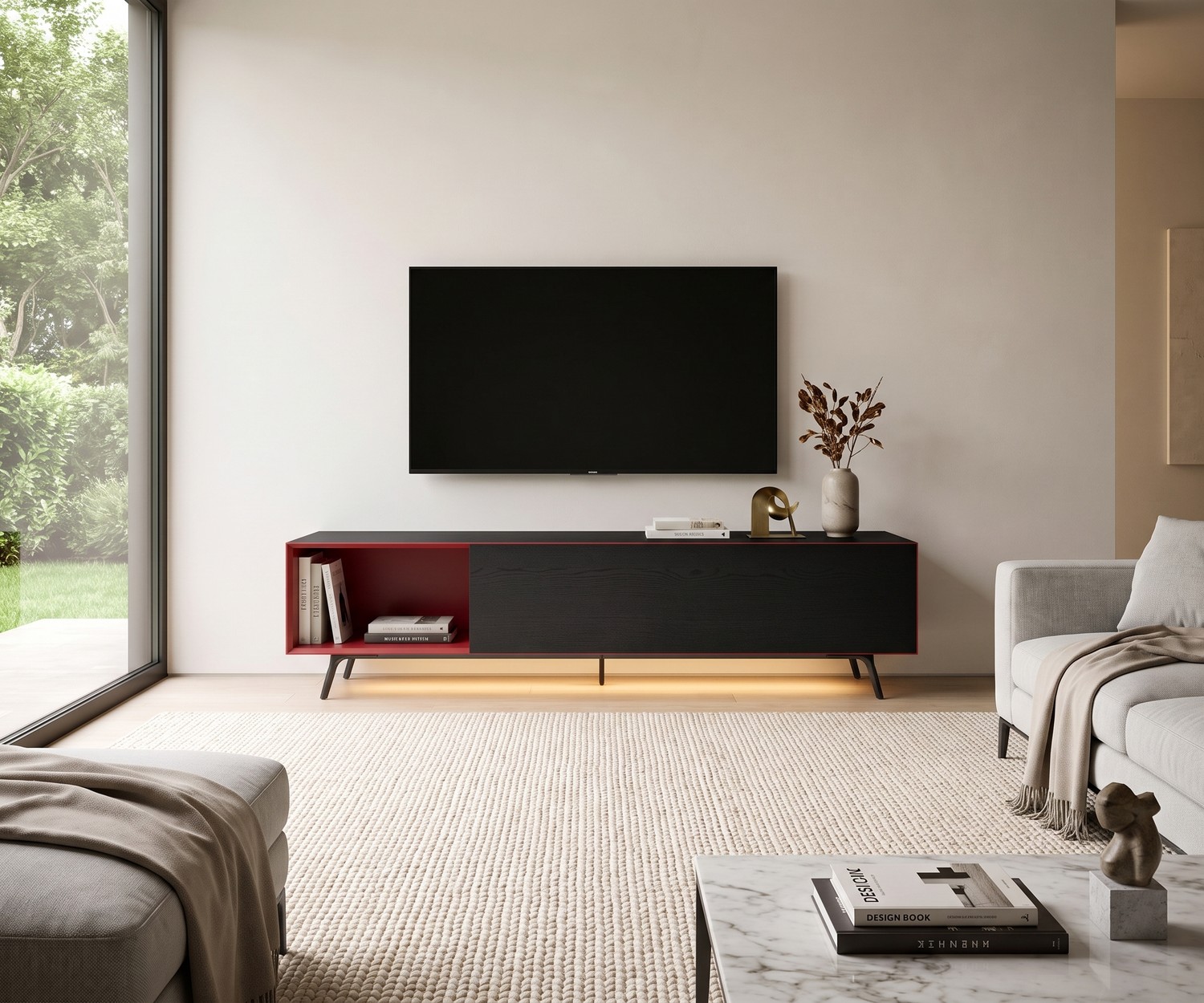 Livitalia Minimal Lowboard TV-meubel met rood vak Livitalia Minimal lowboard tv-meubel in de woonkamer. Zwarte kast met rood open vak en sfeervolle LED-verlichting.