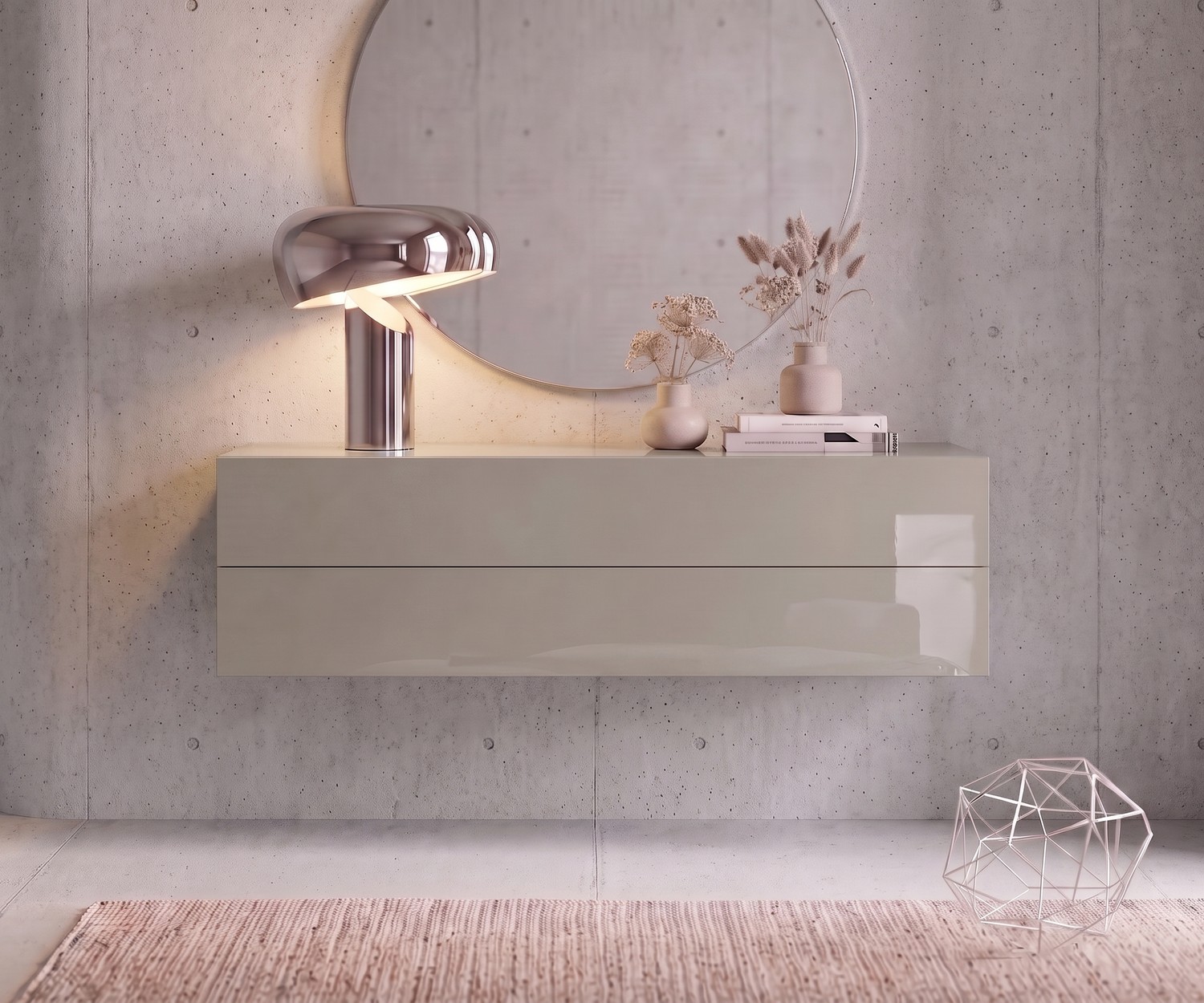 Easy zwevend ladekastje in zandkleur Novamobili Easy zwevend dressoir in hoogglans zandkleur, modern hangend kastje voor in de hal of slaapkamer.