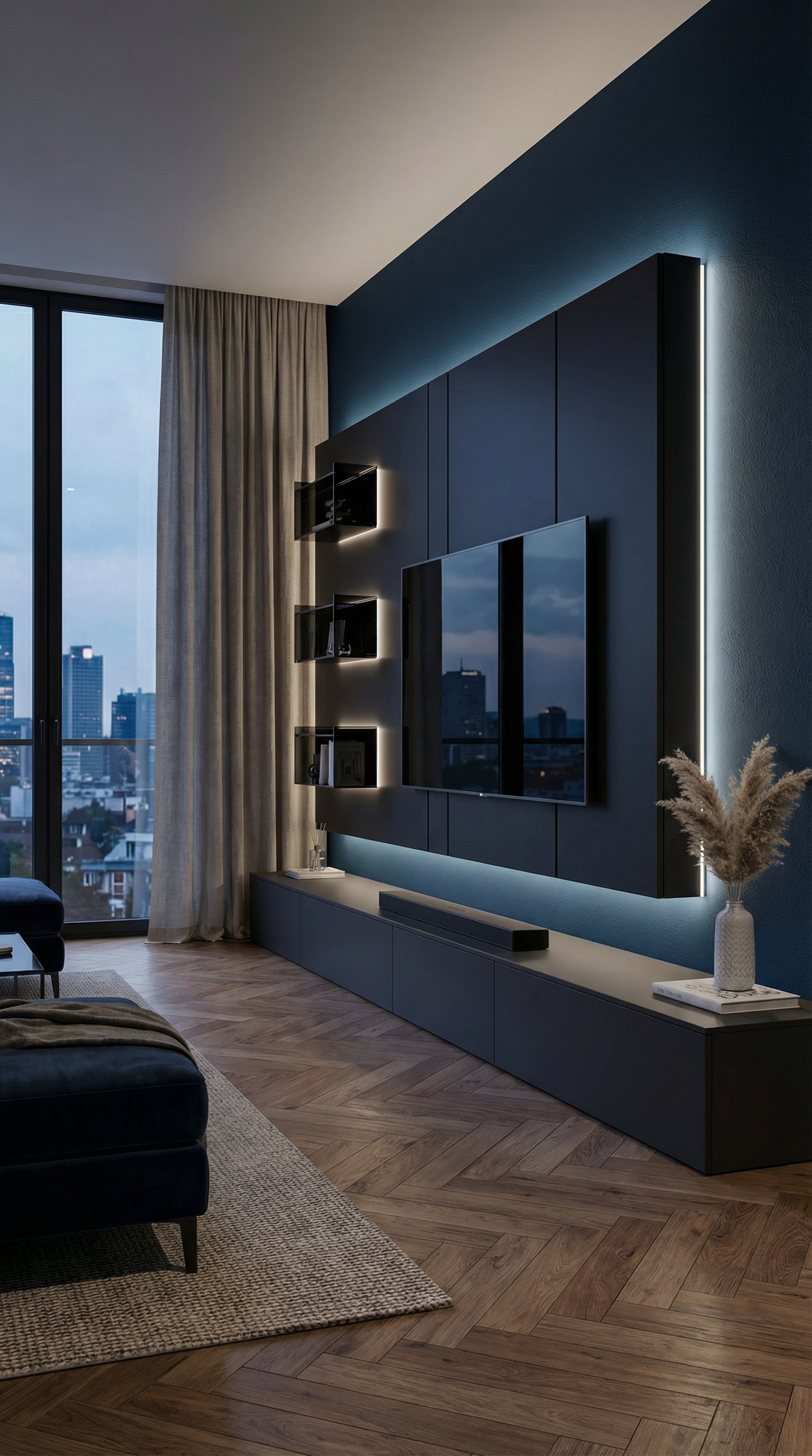 Donkere designer woonwand voor diepblauwe muurverf Deep Ocean