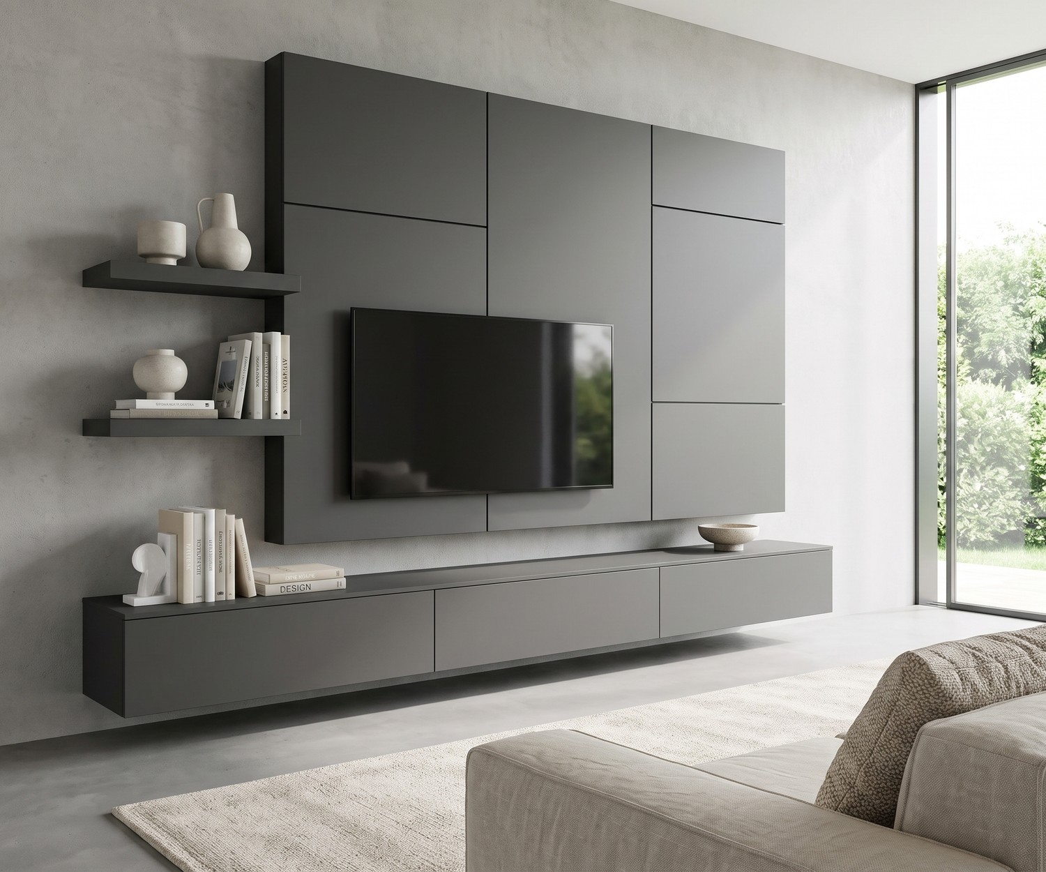 Livitalia C102 tv-wandmeubel met zwevend lowboard en tv-paneel. Modern grijs wandmeubel voor de woonkamer.