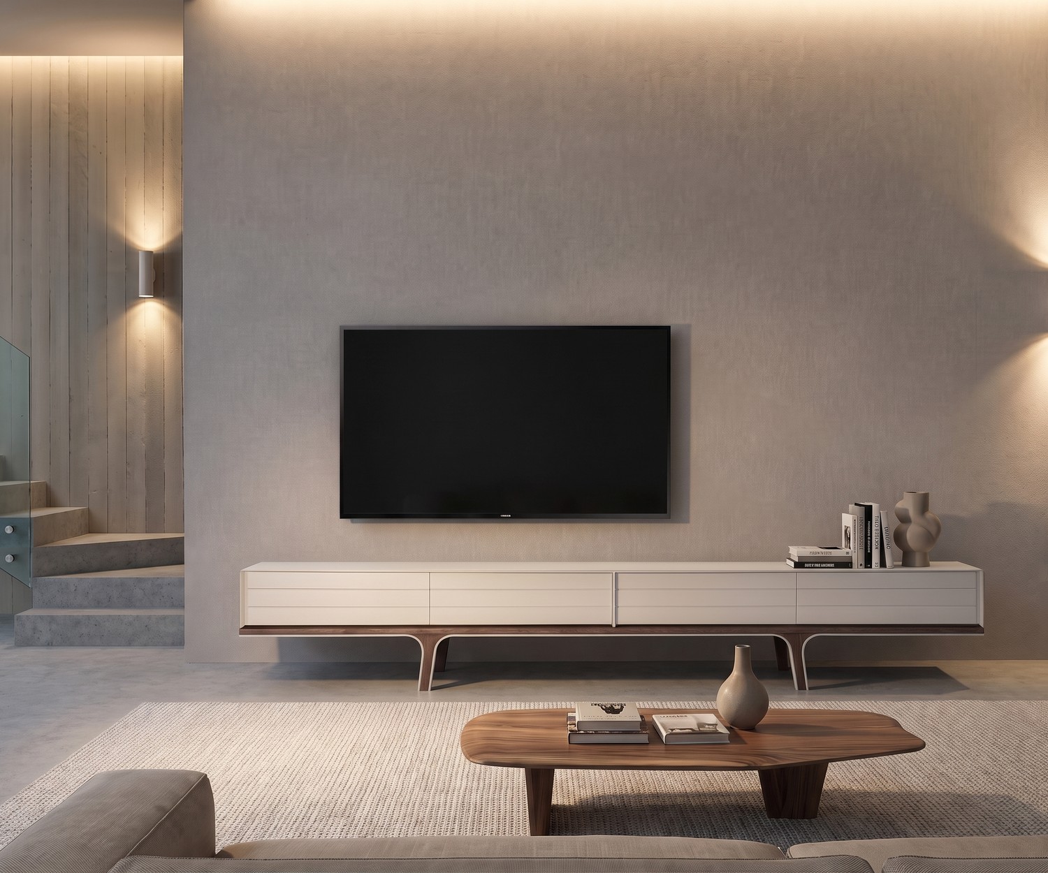 al2 Mobius 004 TV-meubel in een moderne woonkamer, mat wit lowboard met donkerhouten poten in minimalistisch design.