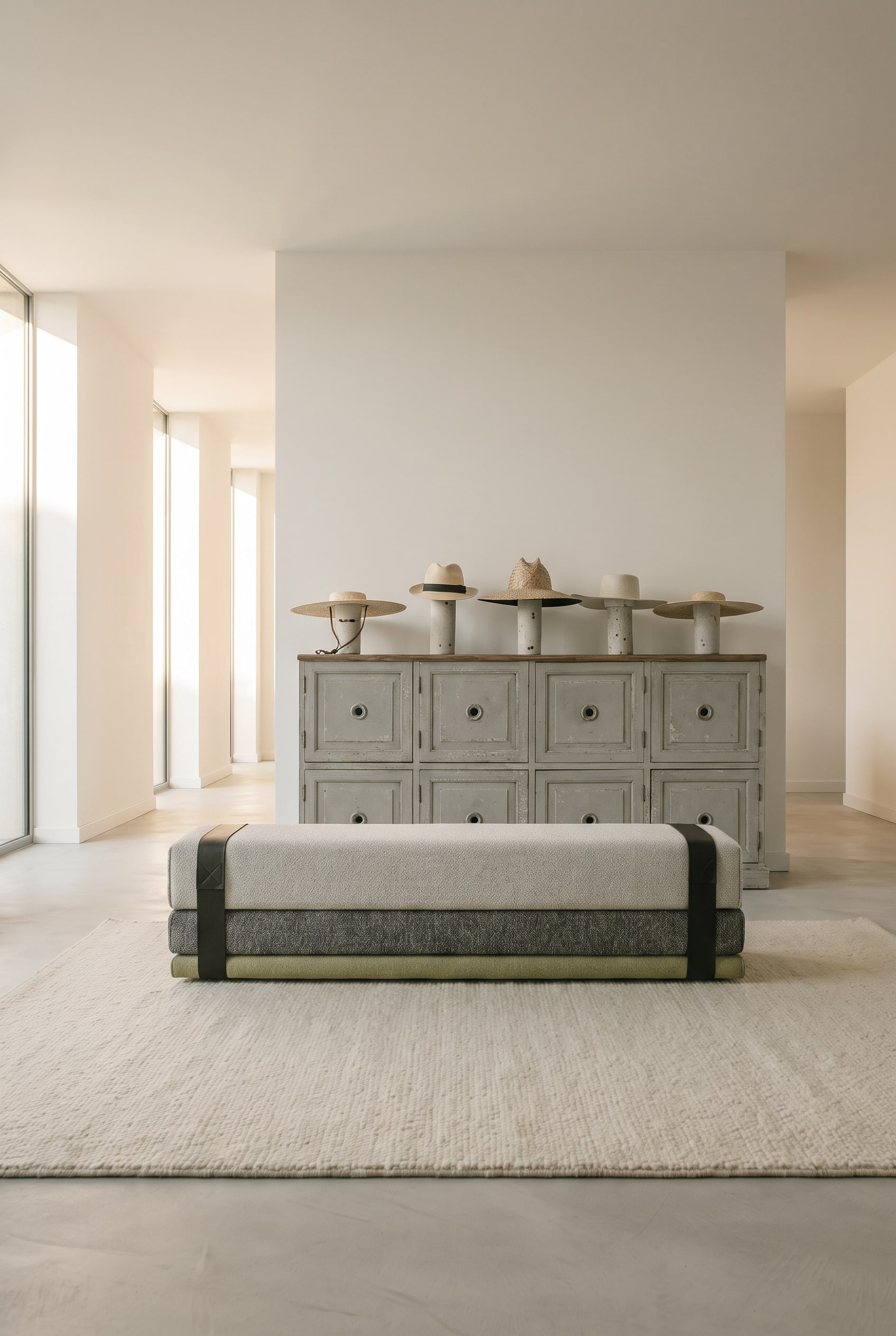 Wohnzimmer mit einem monolithischen, kubischen Schlafsofa in hellem, mattem Stoff, umgeben von ruhiger Architektur