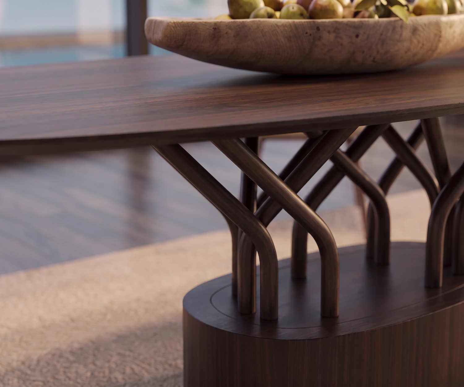 al2 wood-oo ovale design eettafel Ovale al2 wood-oo houten eettafel in een moderne eetkamer met twee grijze fluwelen stoelen en grote ramen.
