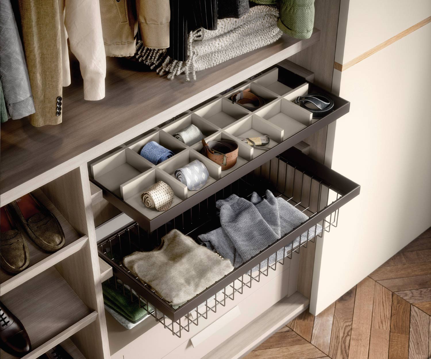 Uittrekbaar stropdascompartiment voor de Armadi garderobekasten van Novamobili Uittrekbaar stropdascompartiment voor de Armadi garderobekasten van Novamobili