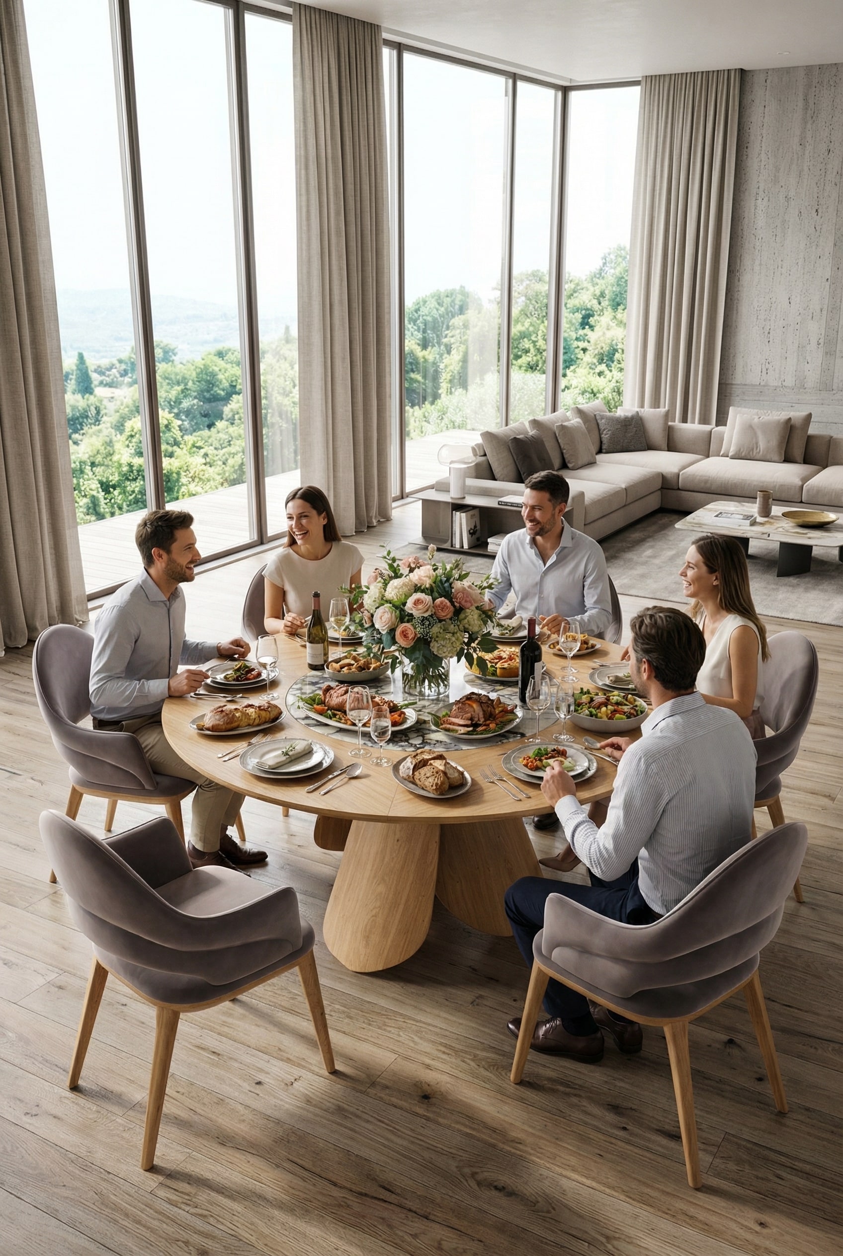 Ronde houten eettafel Ozzio Veliero in een moderne eetkamer