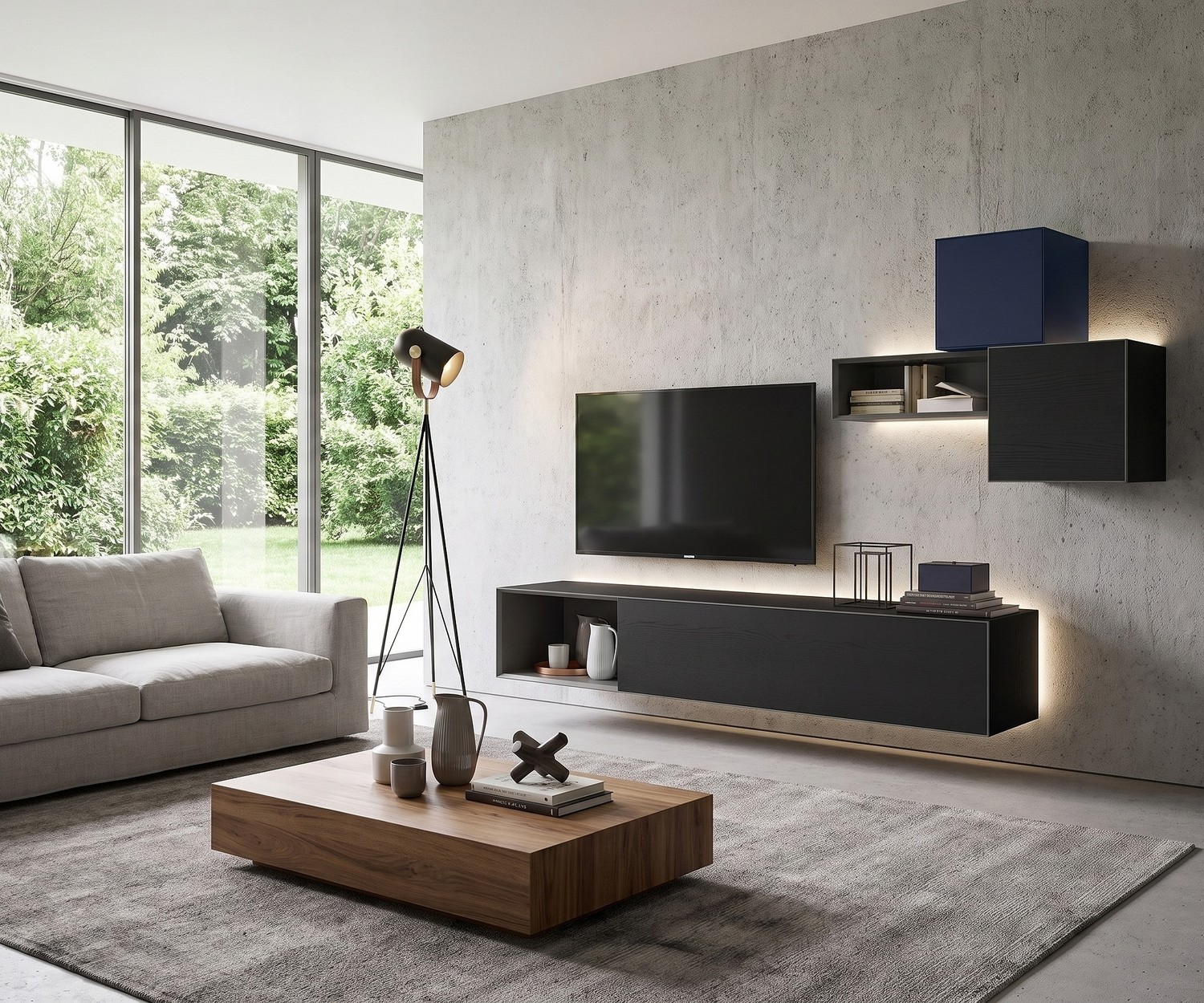 Livitalia Minimal zwevend tv-lowboard in donker eiken met led-verlichting voor een moderne minimalistische woonkamer.