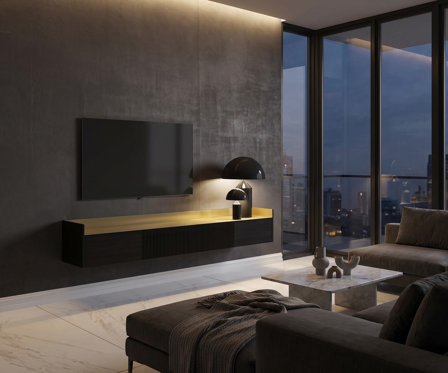 Punt Stockholm Slim zwevend tv-meubel van hout met gouden top in een modern interieur.