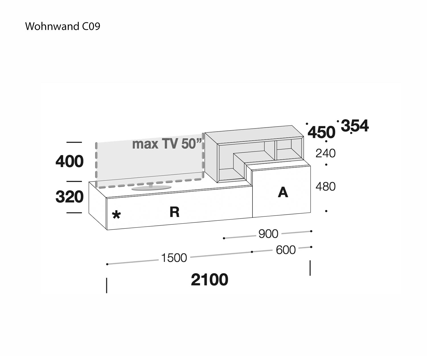 Livitalia Wandmeubel C09 Schets Afmetingen Maten Livitalia Wandmeubel C09 Schets Afmetingen Maten