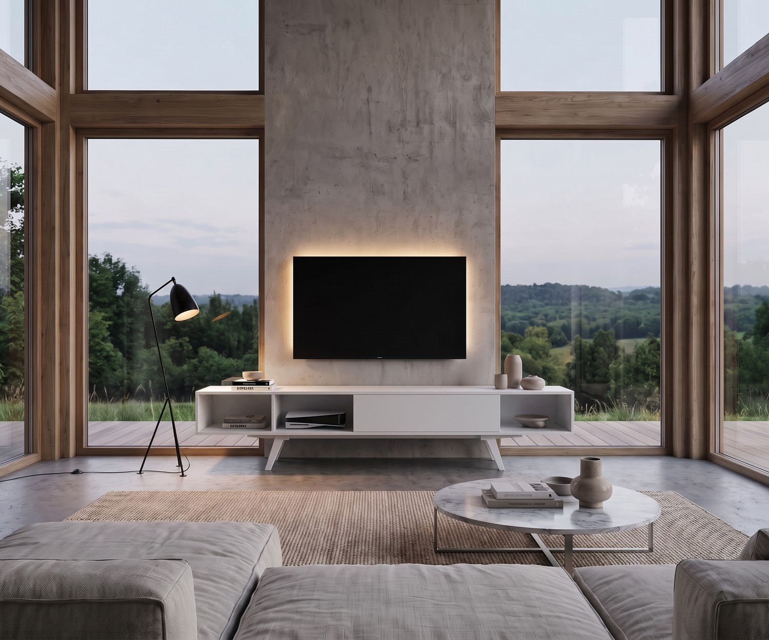 TV-lowboard e-klipse 005 voor de woonkamer. Modern wit design tv-meubel onder een televisie in een licht interieur.