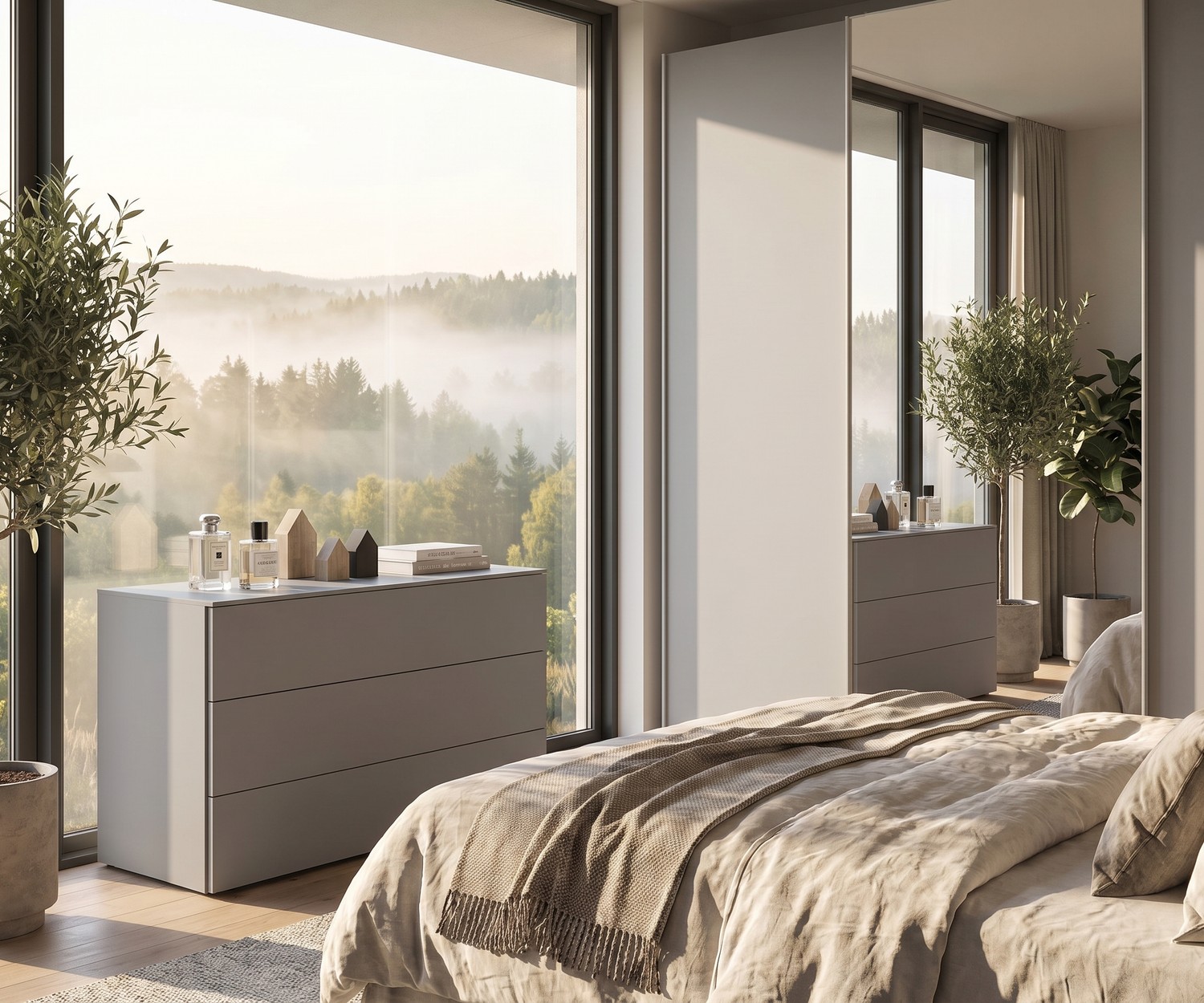 Livitalia Atena commode in slaapkamer, moderne grijze design ladekast naast een groot panoramisch raam.
