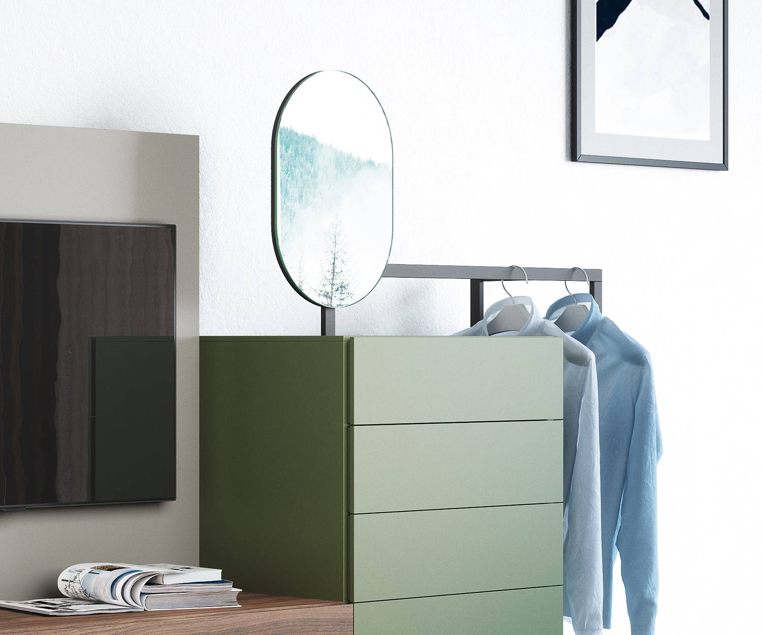 Praktische Novamobili Easy 9 design ladekast met spiegel en kledingroede Praktische Novamobili Easy 9 design ladekast met spiegel en kledingroede