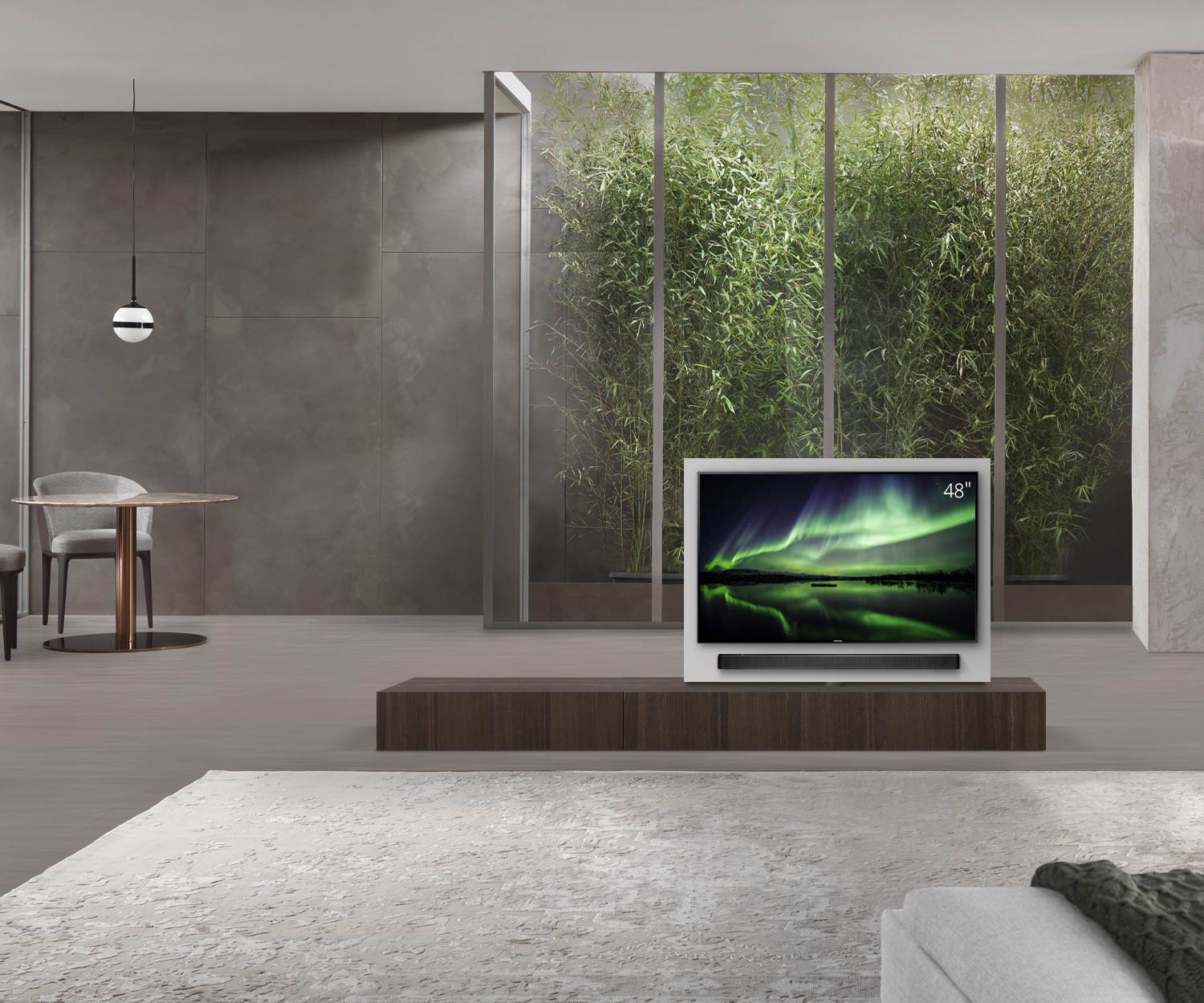 Livitalia Roto design lowboard ruimteverdeler met draaibaar TV-paneel B150 50 H25 D47 EiBr B90li oBox