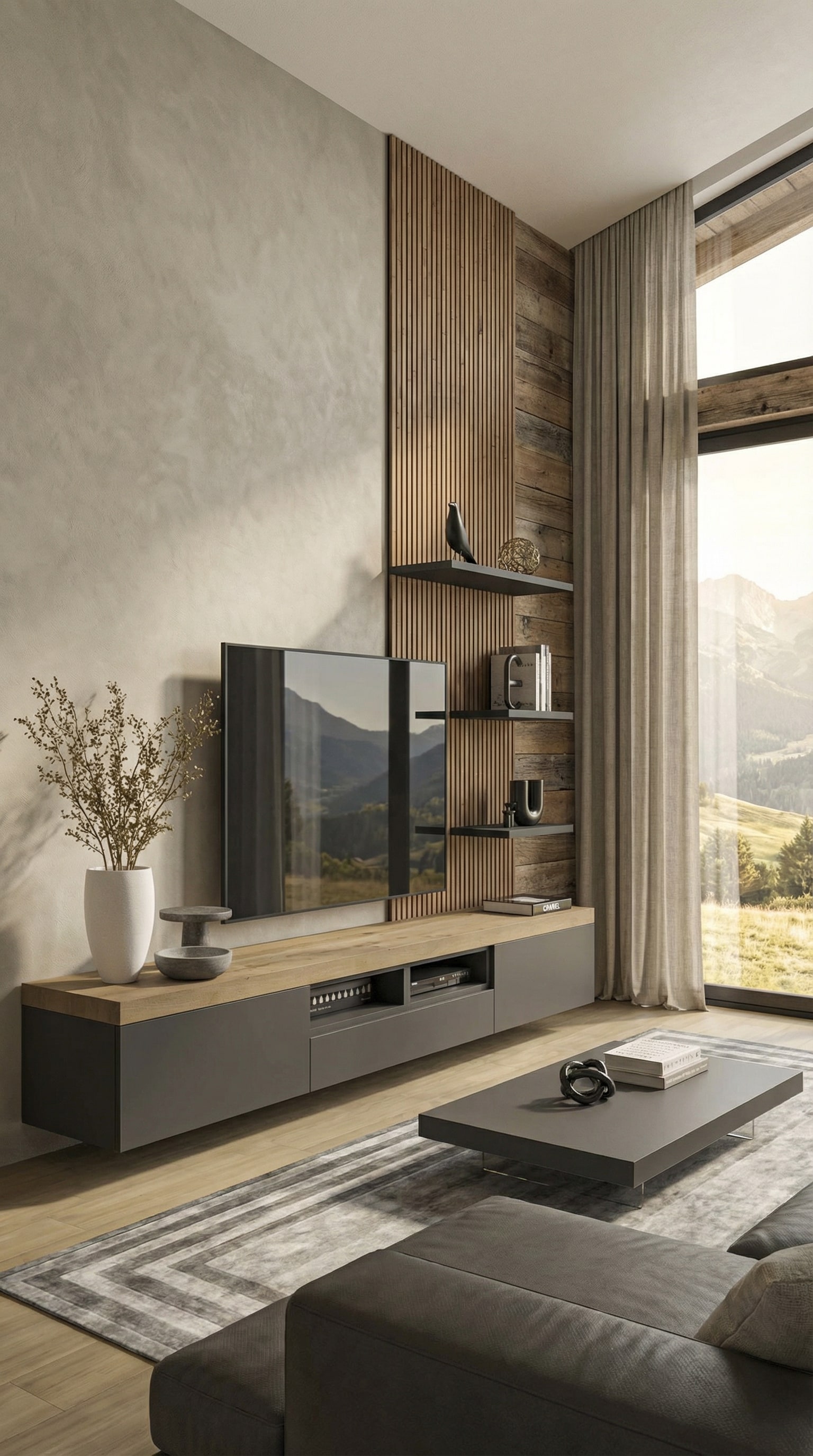 Modern mat gelakt lowboard met een elegant houten afdekblad in luxe chaletstijl Modern mat gelakt lowboard met een elegant houten afdekblad in luxe chaletstijl