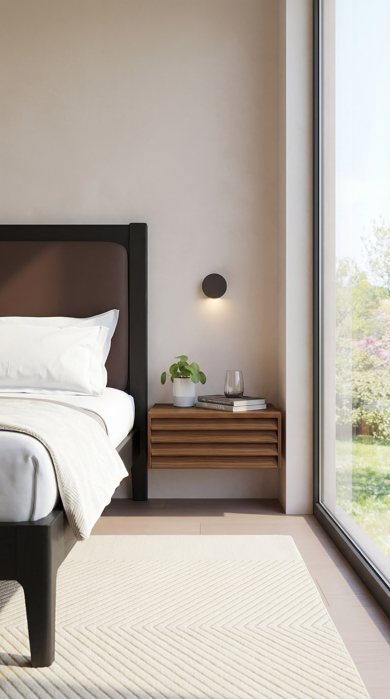 Zwevend nachtkastje van donker notenhout naast een comfortabel bed