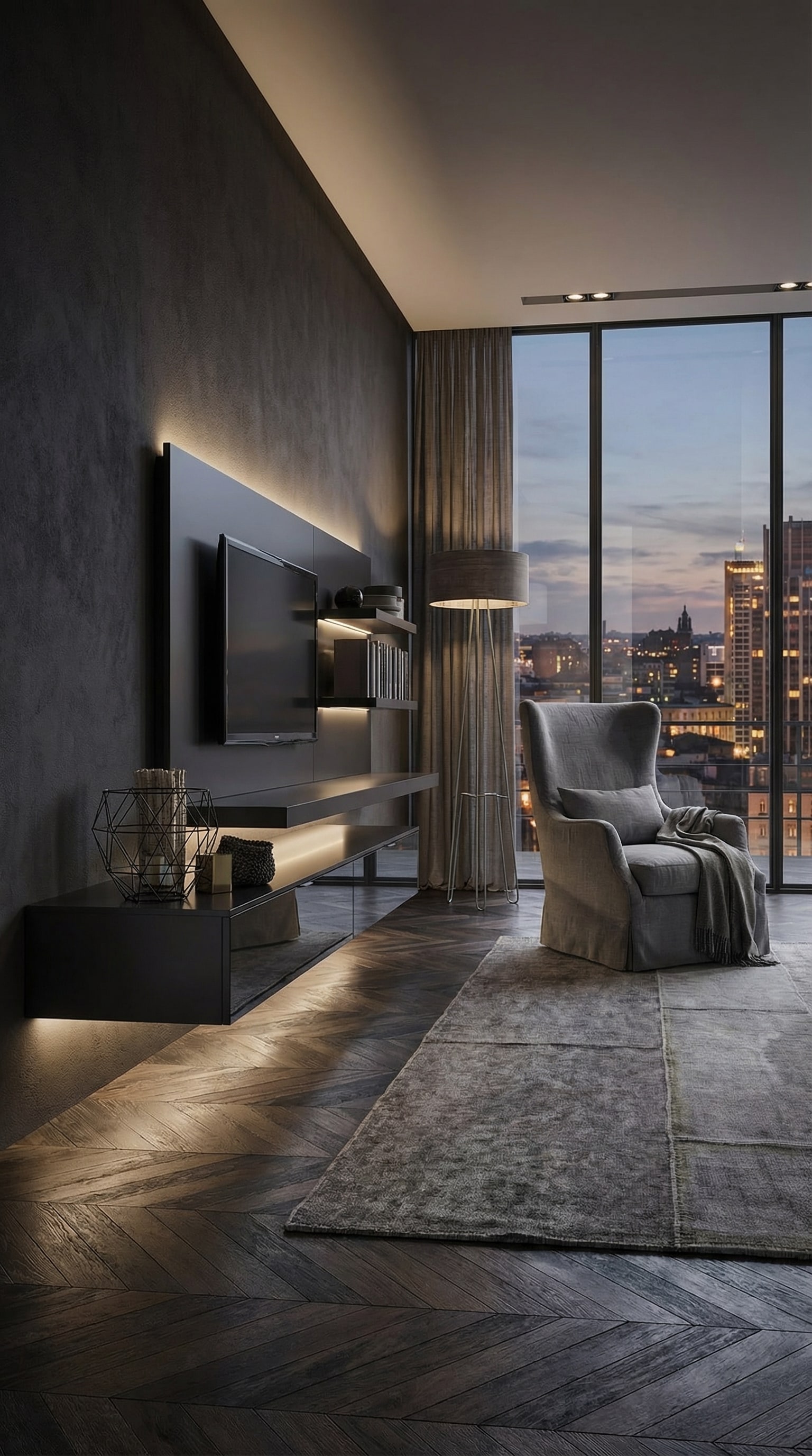 Livitalia wandmeubel C54 in donker luxe design met spiegelende en matte zwarte oppervlakken