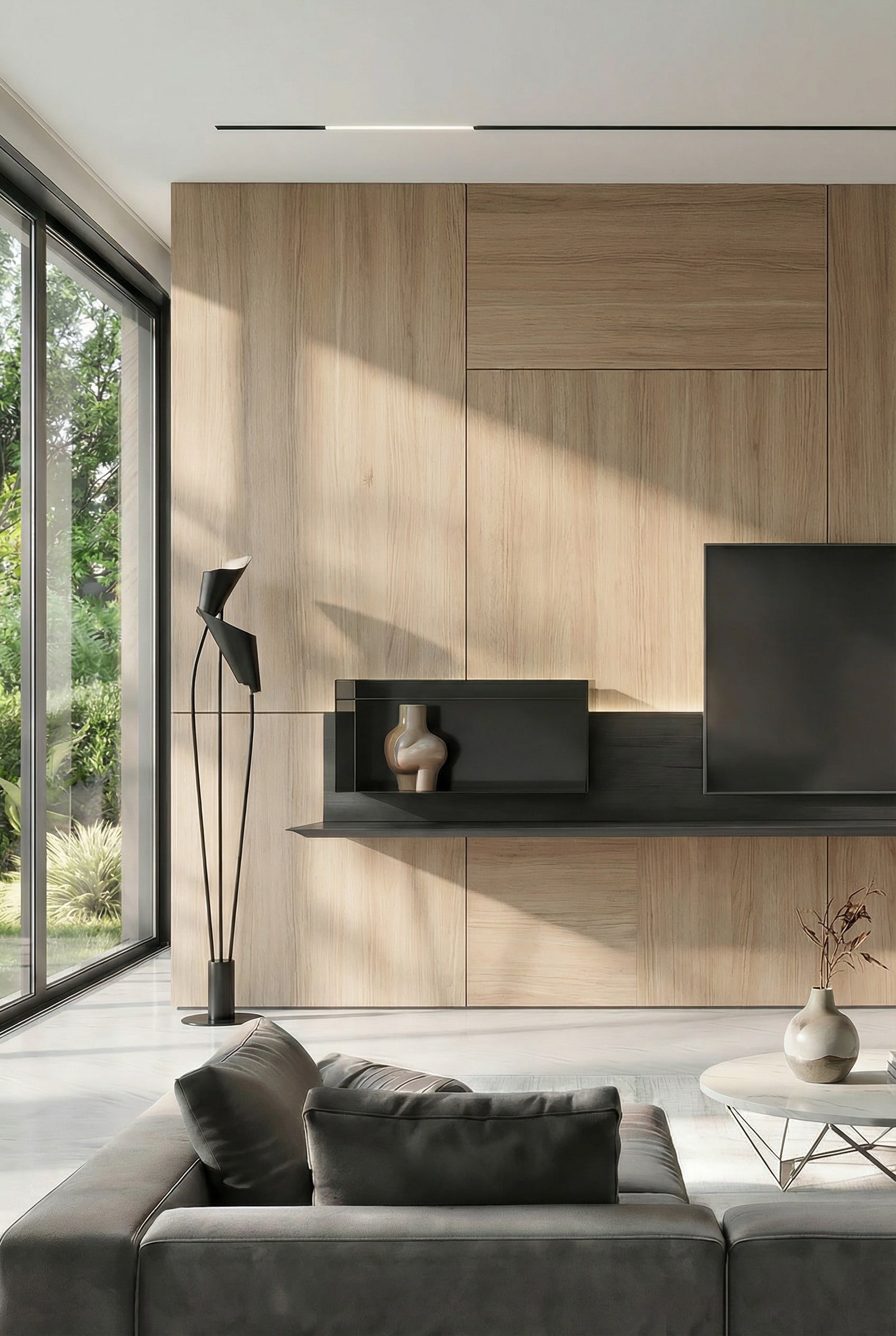Asymmetrisch TV Wandboard met versprongen plankniveaus Asymmetrisch TV Wandboard met versprongen plankniveaus