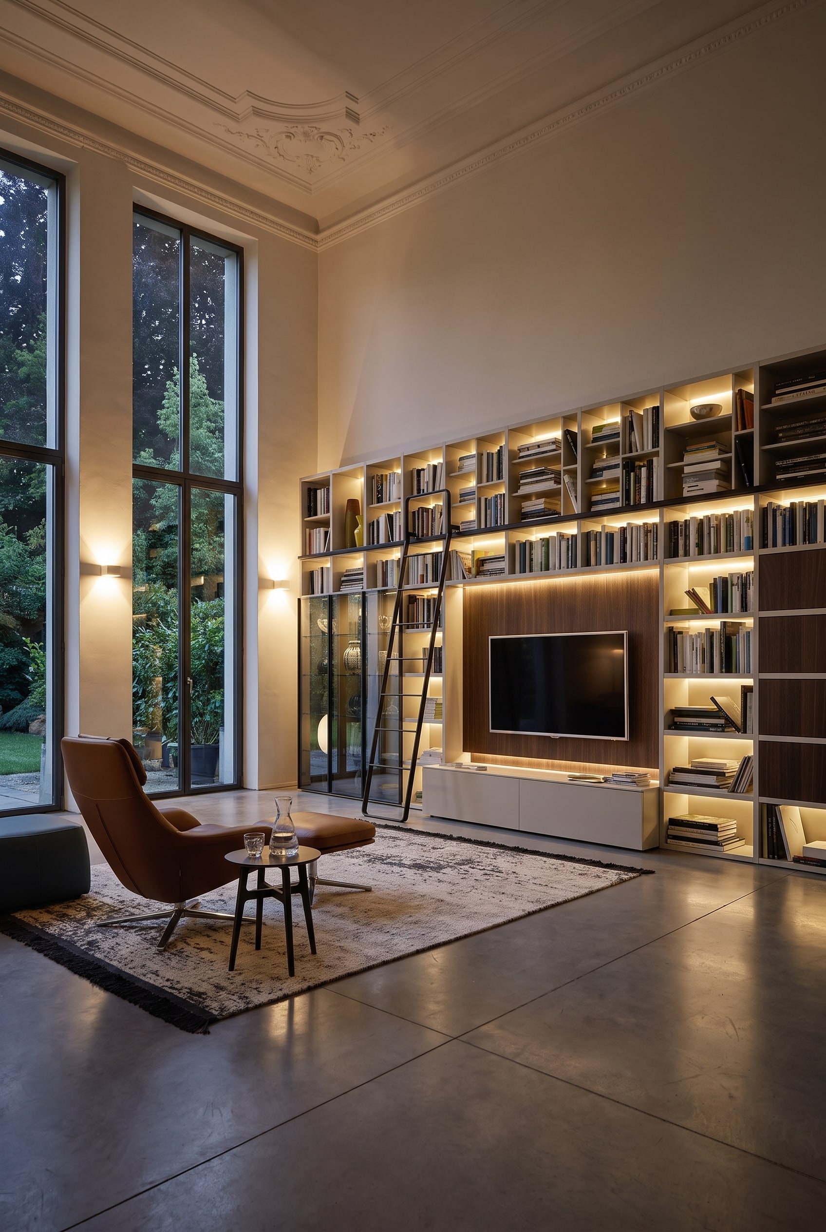 Elegantes Wohnzimmer im Altbau mit raumhohem maßgefertigtem Bücherregal, metallischer Gleitleiter und gemütlicher Leseecke