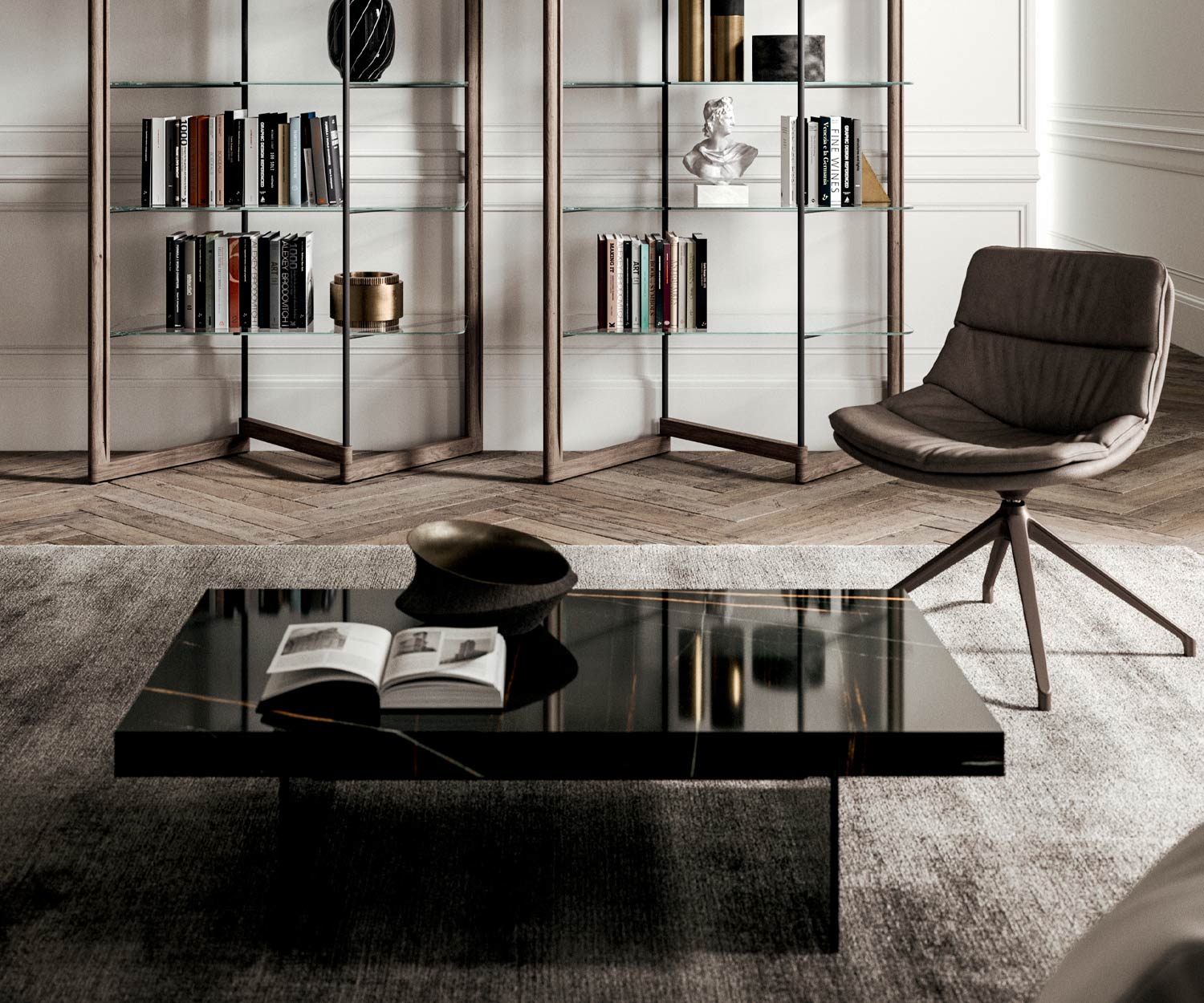 Zwart tafelblad Bellagio salontafel van Ozzio gesloten in de woonkamer Zwart tafelblad Bellagio salontafel van Ozzio gesloten in de woonkamer