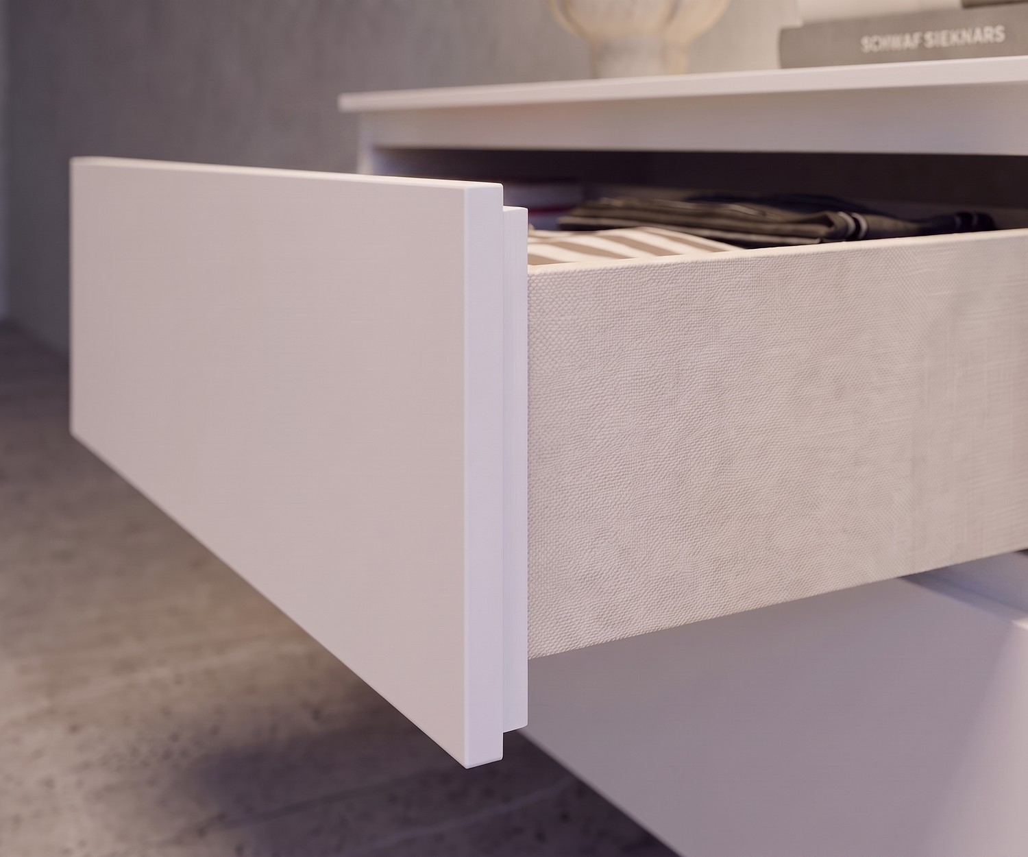 Novamobili Easy hangend dressoir, detail van geopende lade met stofeffect aan de binnenkant, minimalistisch wit design