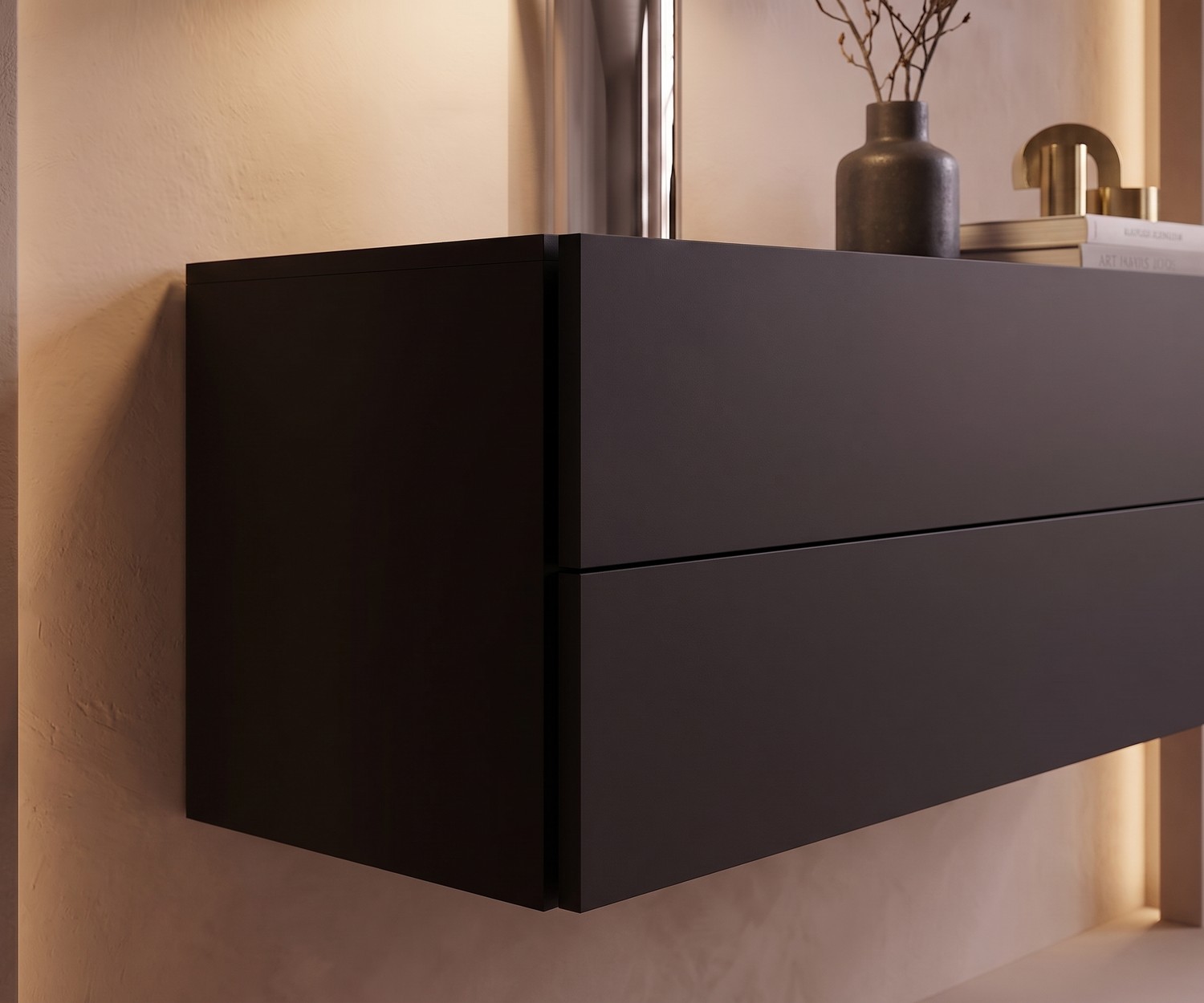 Zwevende ladekast voor de slaapkamer Easy van Novamobili in mat zwart, modern design met twee lades.