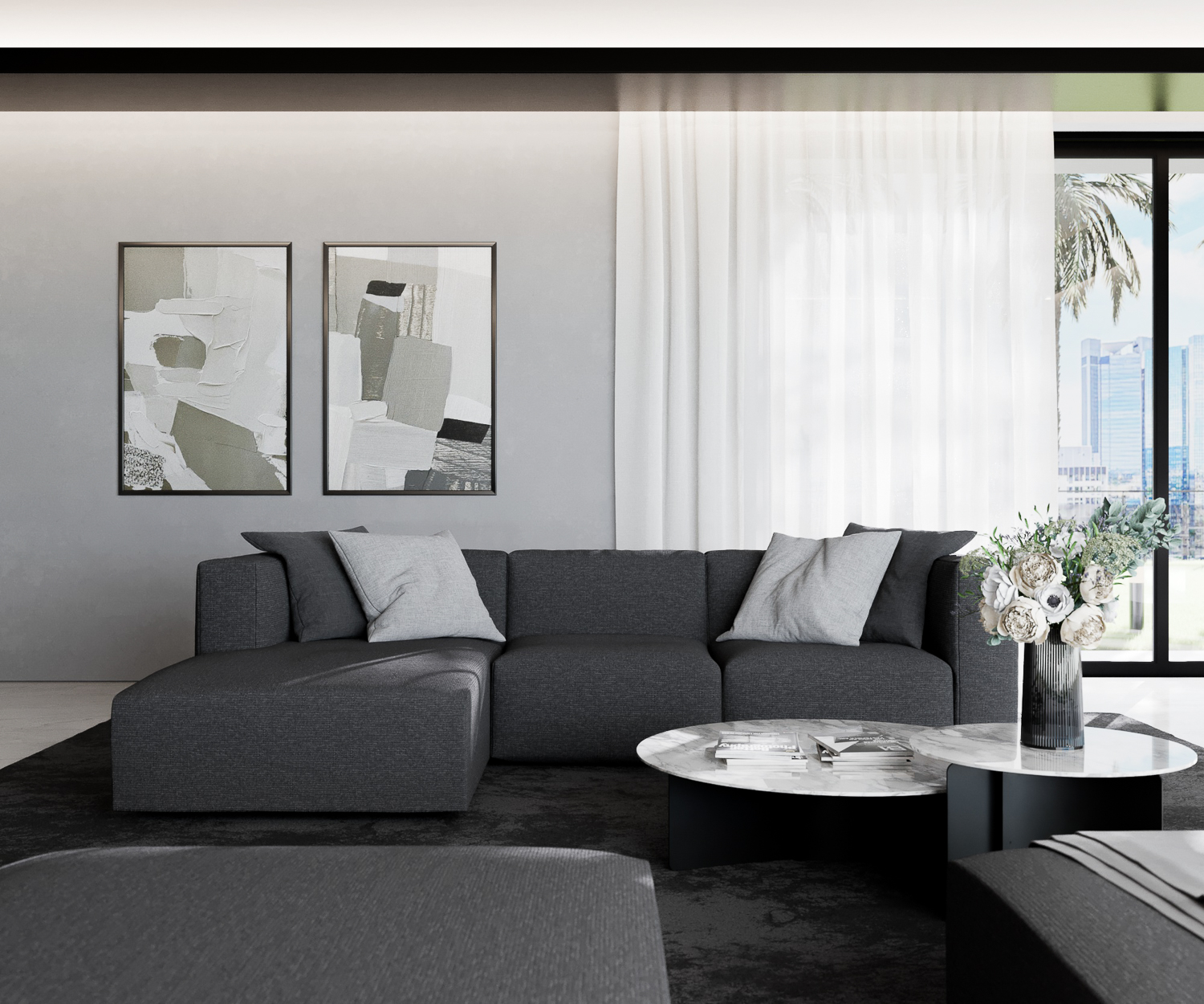 Prostoria Design woonkamer bank Match L exclusieve moderne hoge kwaliteit stof bekleding met recamiere hoekbank drie zits vooraanzicht