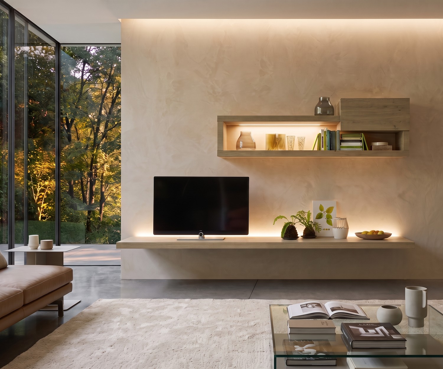 Livitalia TV zwevende wandplank Livitalia TV wandplank als zwevend tv-meubel in een minimalistische woonkamer van licht eikenhout met LED.